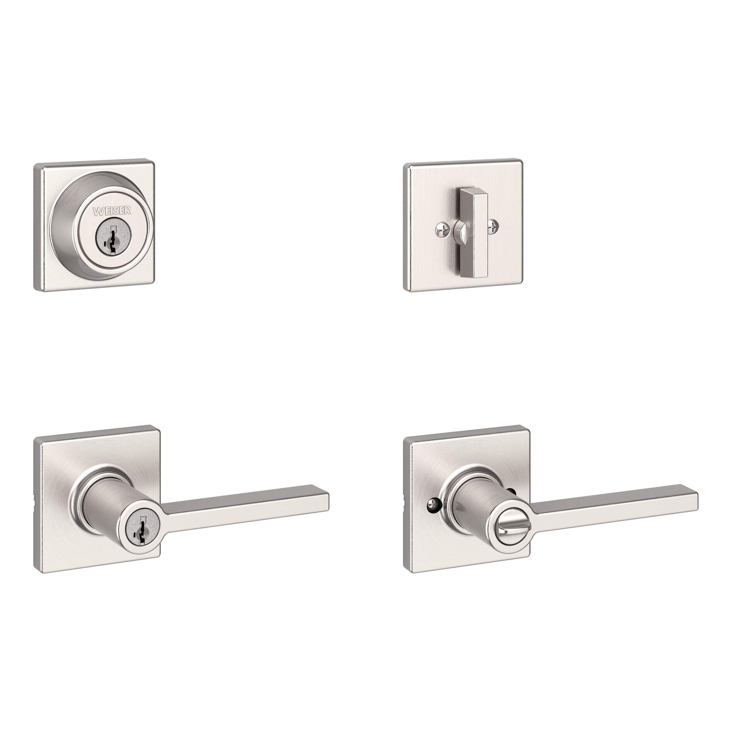 Weiser Casey Front Door Handle with Deadbolt featuring SmartKey, Reversible Exterior/Interior Door Levers, Satin Nickel Front_Three_Fourths_Angled_Right