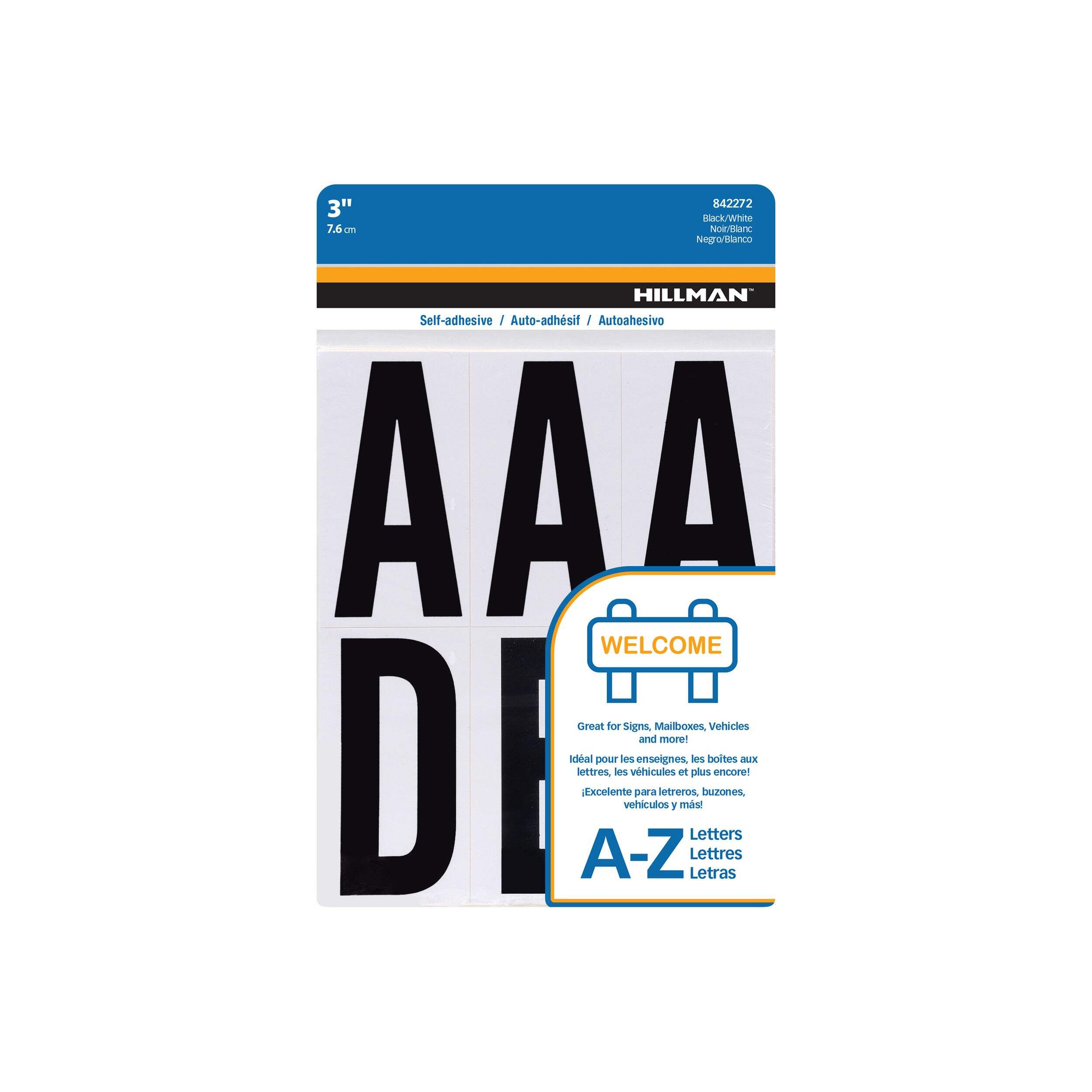 Lettres auto-adhésives résistantes aux intempéries A à Z Hillman, vinyle, 3 po, noir et blanc, paq. 54 Front_Flat