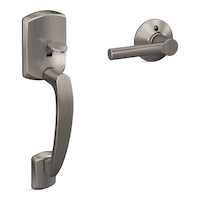 Schlage Greenwich Front Entry Handleset with Broadway Door Lever, Lifetime Warranty, Satin Nickel Front_Three_Fourths_Angled_Right