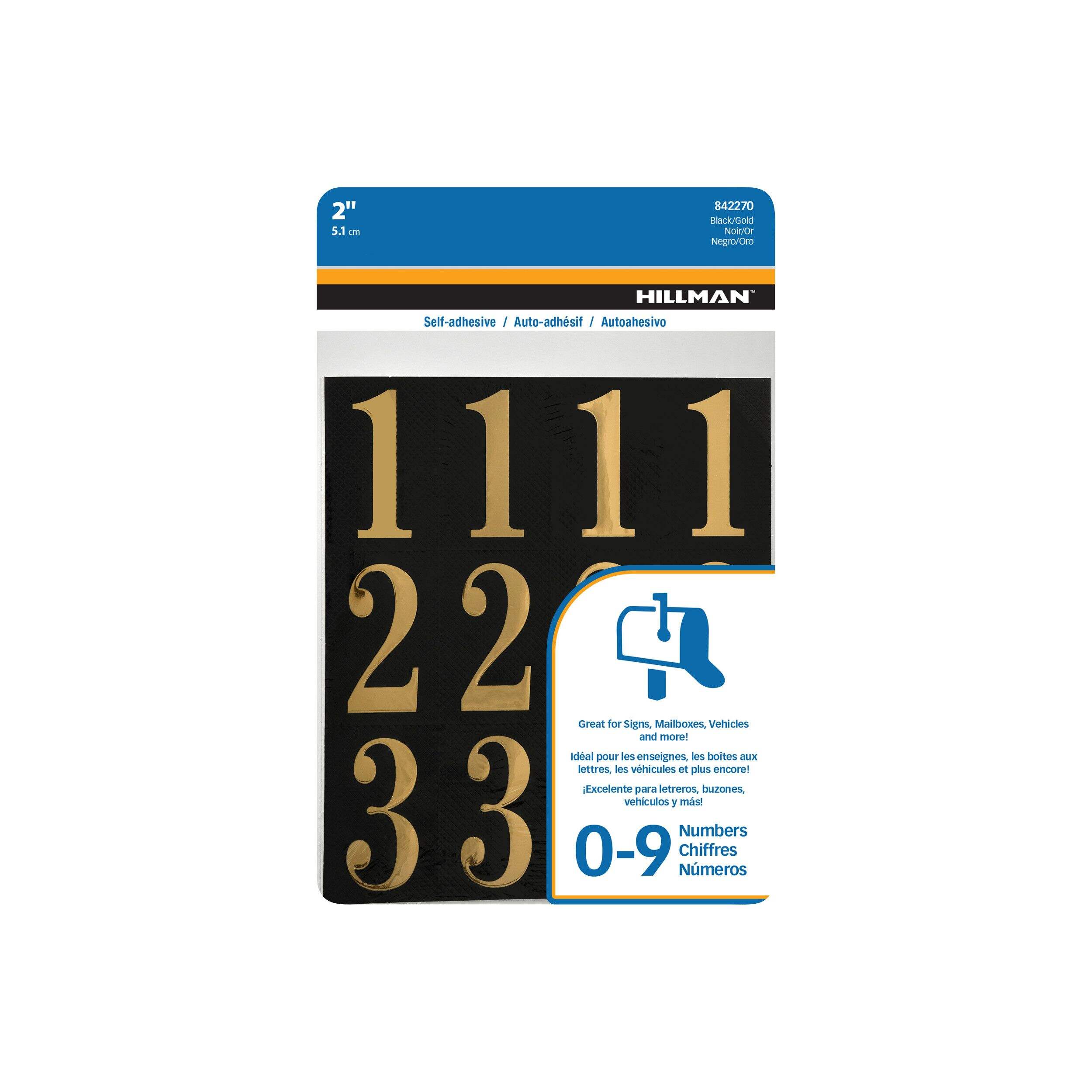 Hillman Mylar2-in Weather-Resistant Self-Adhesive Letter/Numbers, Black/Gold, 32-pc Front_Flat