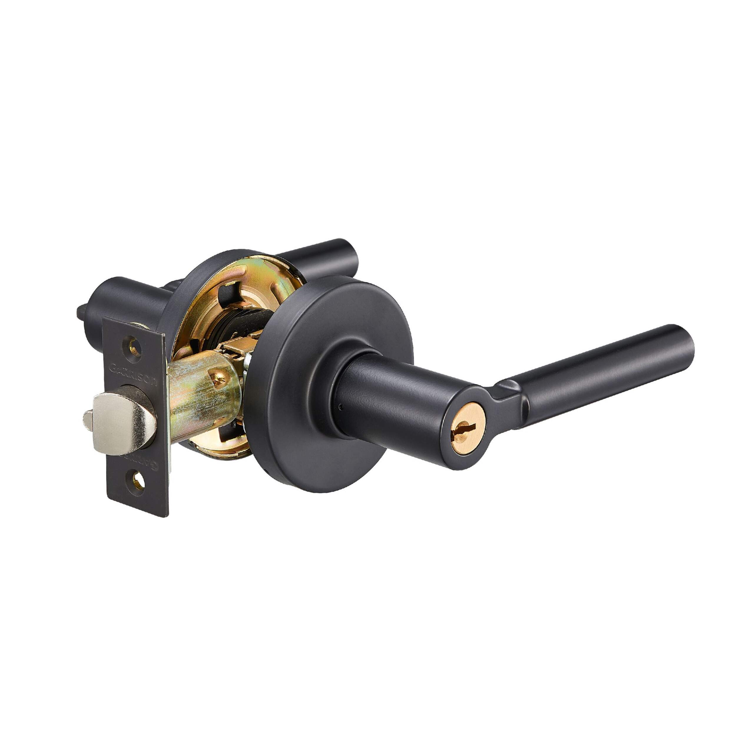 Garrison Contemporary Keyed Entry Door Handle Lever Set, Matte Black Front_Three_Fourths_Angled_Right