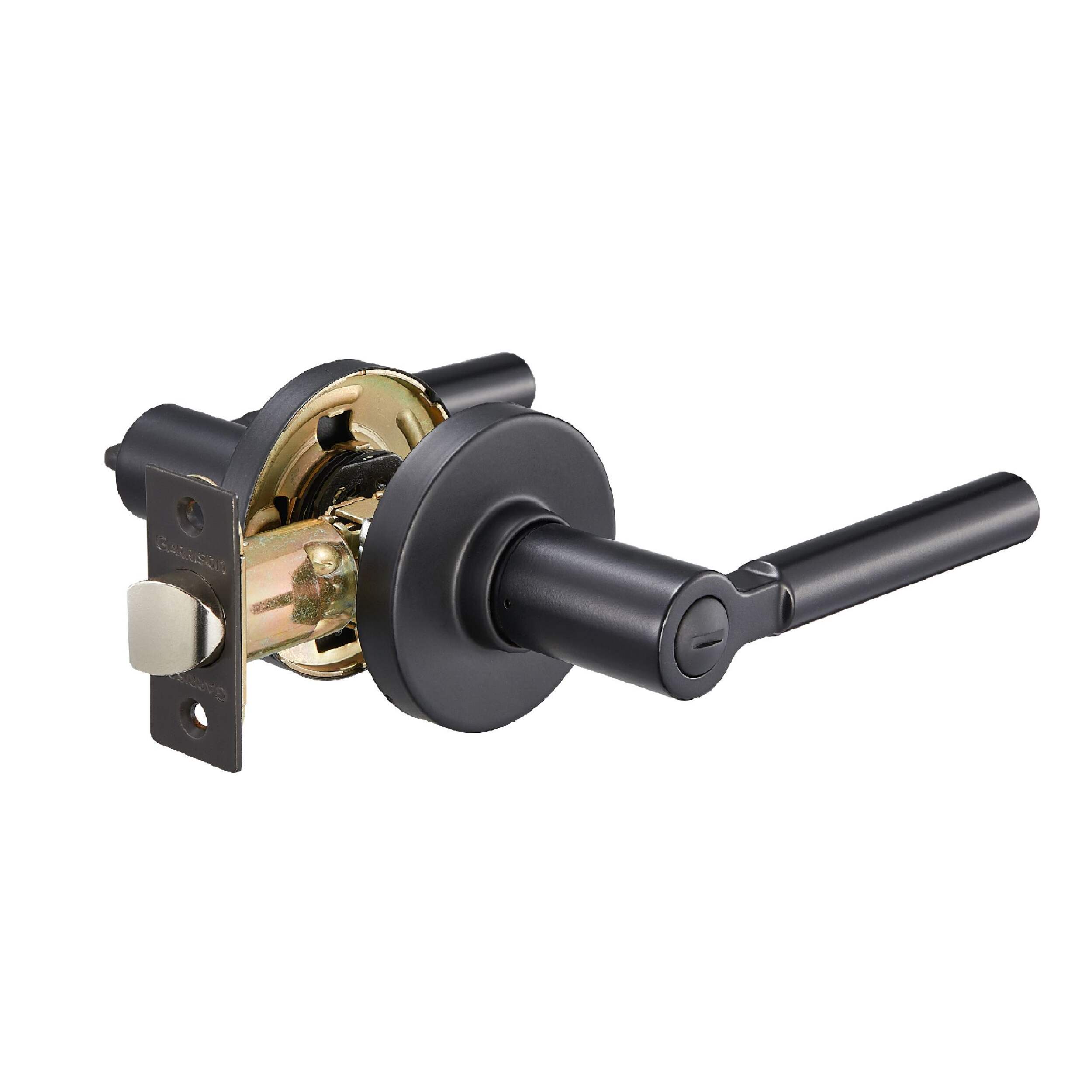 Poignée de porte d'intimité à serrure et levier de style contemporain Garrison, noir mat Front_Three_Fourths_Angled_Right