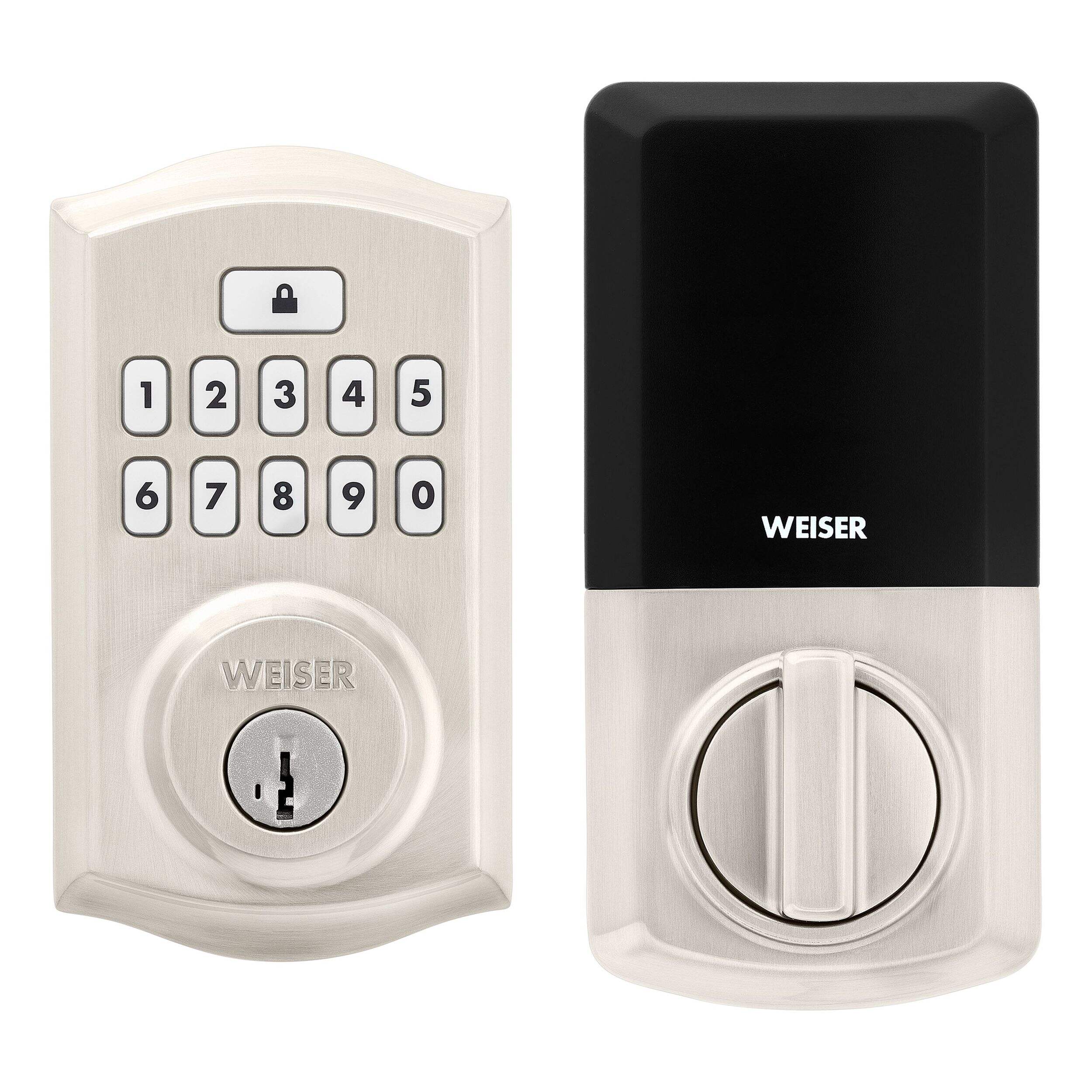 Weiser SmartCode 10 Traiditonal Keyless Entry Deadbolt Door Lock, 10-Button Backlit Keypad Door Lock with SmartKey, Satin Nickel Front_Flat