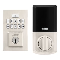 Weiser SmartCode 10 Contemporary Keyless Entry Deadbolt Door Lock, 10-Button Backlit Keypad Door Lock with SmartKey, Satin Nickel Front_Flat