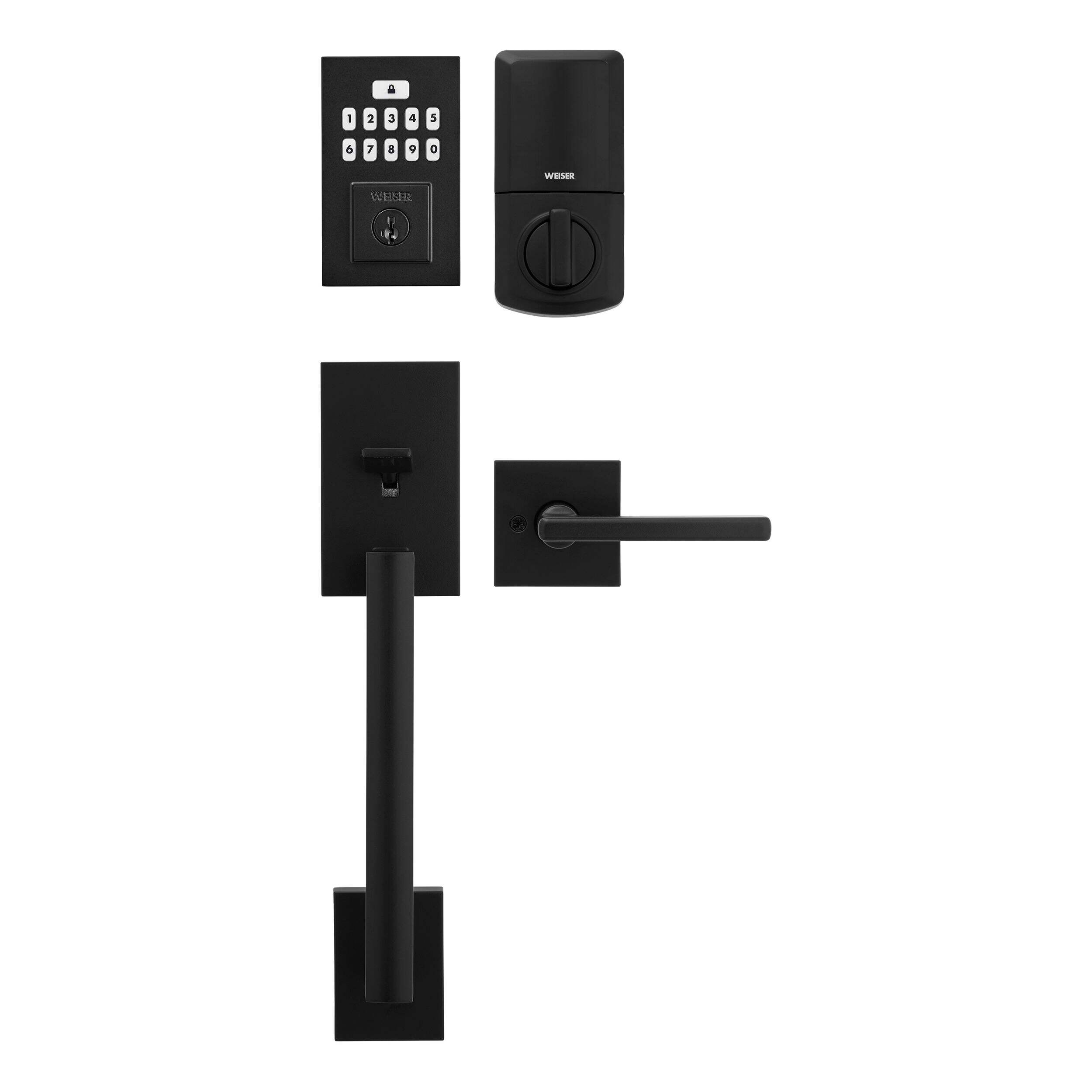 Weiser SmartCode 10 Front Door Lock Handle Set, Backlit Keypad Deadbolt with San Clemente Handleset & Halifax Interior Door Handle, Matte Black Front_Flat