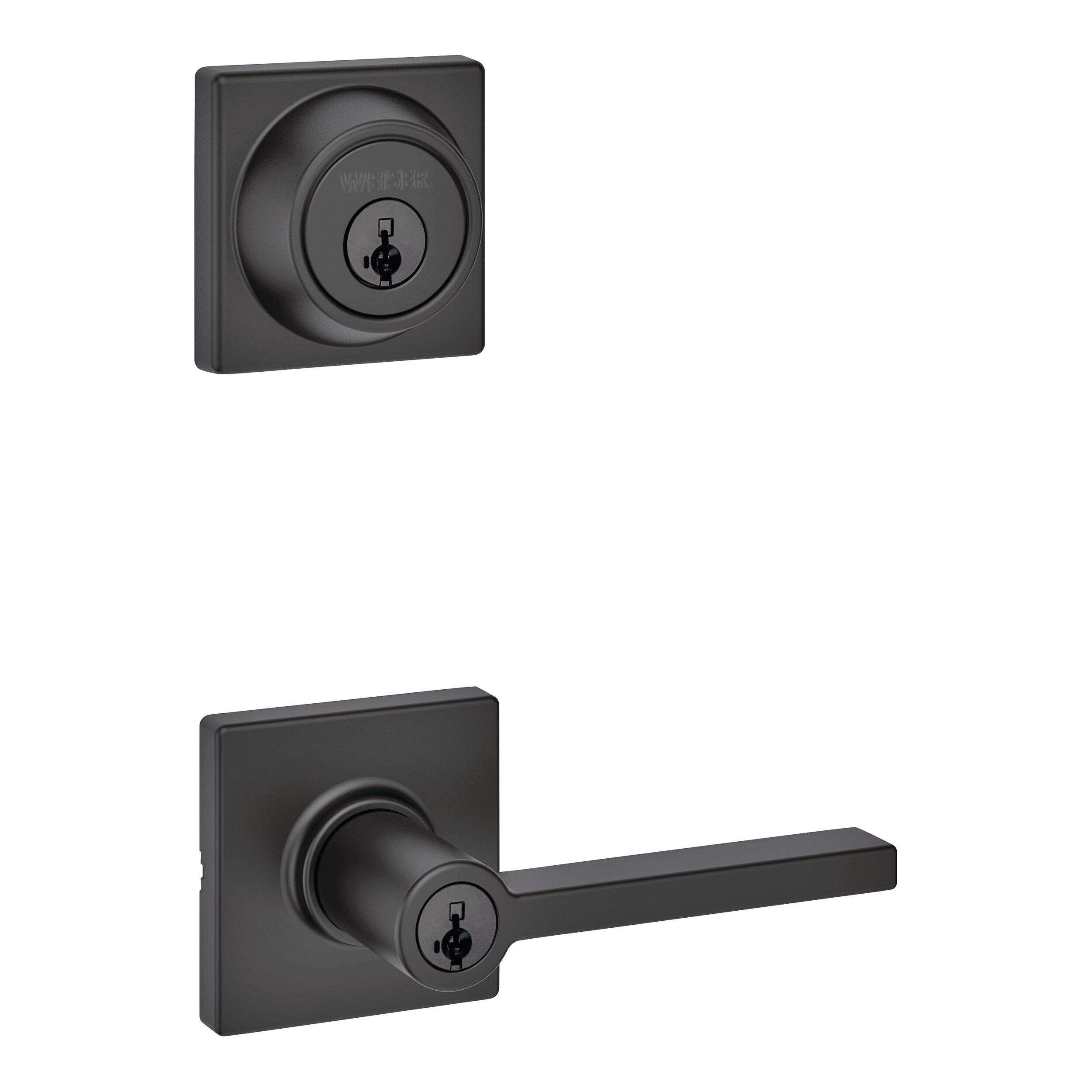 Poignée de porte et serrure à pêne dormant Weiser Elements Casey, noir mat Front_Three_Fourths_Angled_Right