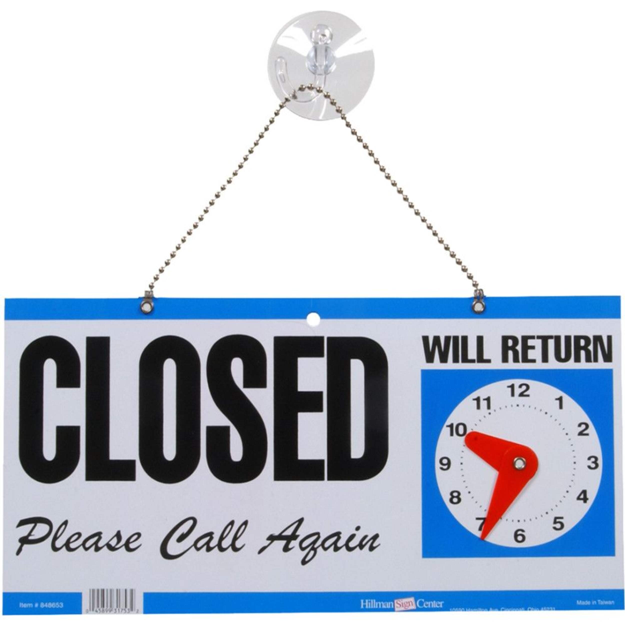 Hillman SelfAdhesive Open/Closed Clock Sign with "Will Return" Clock