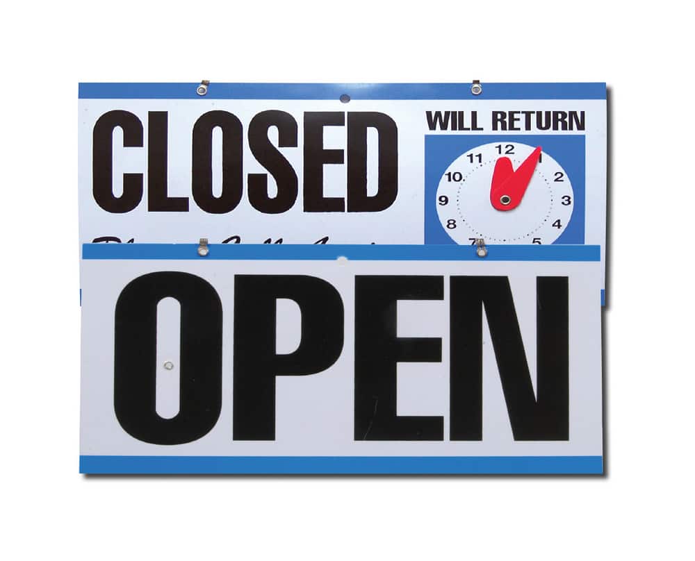 Hillman Self-Adhesive Open/Closed Clock Sign with "Will Return" Clock, x  12-in, White/Blue/Black Canadian Tire