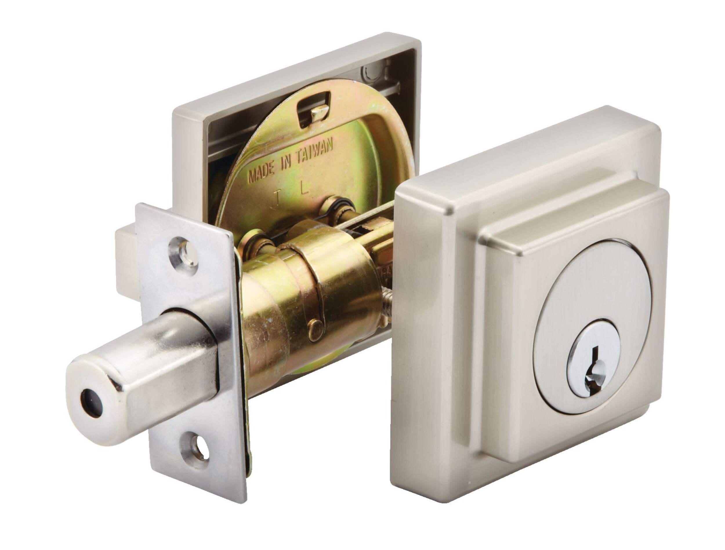 Garrison Single-Cylinder Contemporary Square Deadbolt Door Lock, Satin Nickel Front_Three_Fourths_Angled_Right