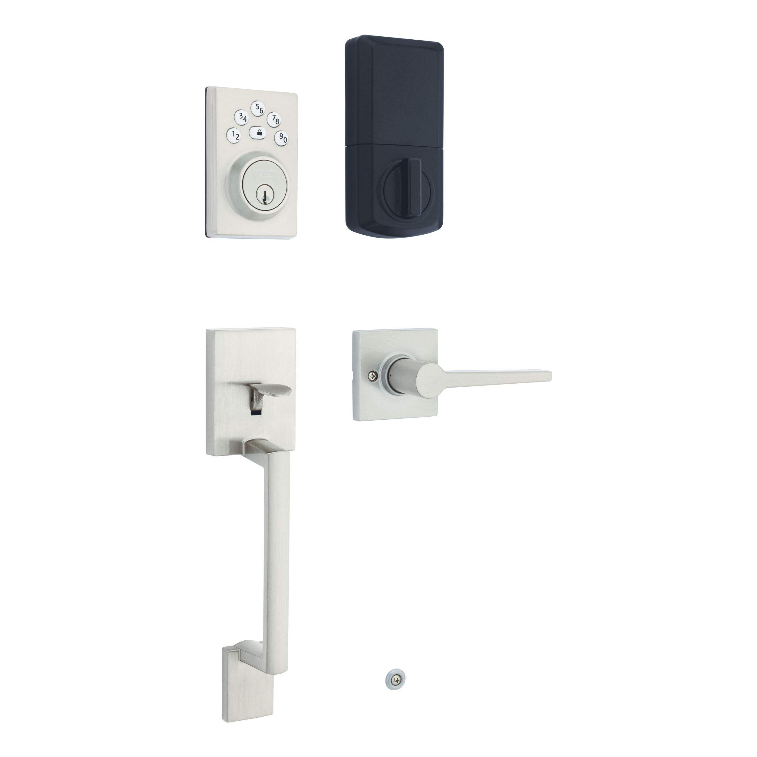 Weiser Elements Keyless Entry Handleset with Deadbolt, 5-Button Electronic Keypad Door Lock, Satin Nickel Front_Three_Fourths_Angled_Right