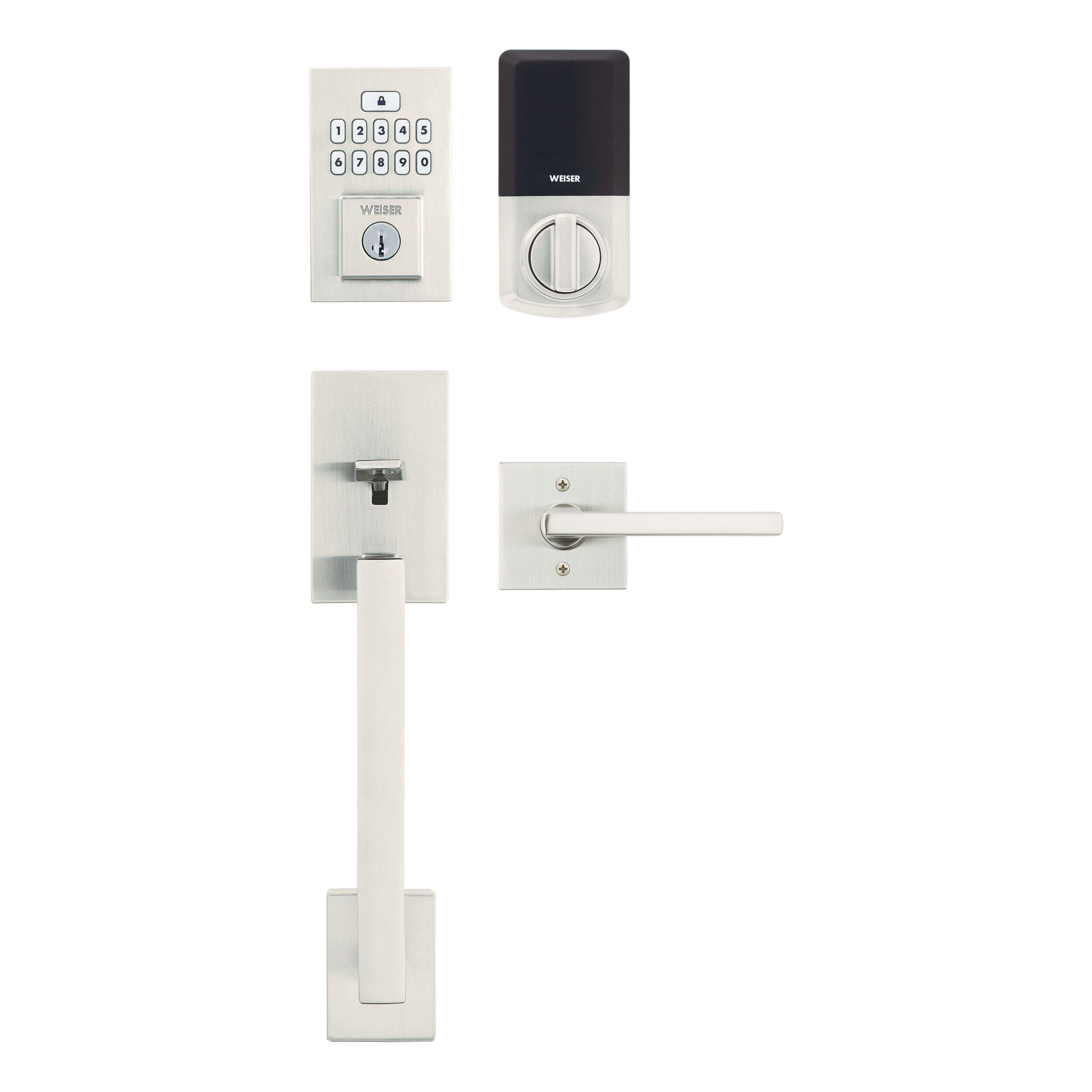Weiser SmartCode and San Clemente Handle Set, Keypad Door Lock with San Clemente Handleset and Halifax Interior Door Lever, Satin Nickel Composite_or_Mixed