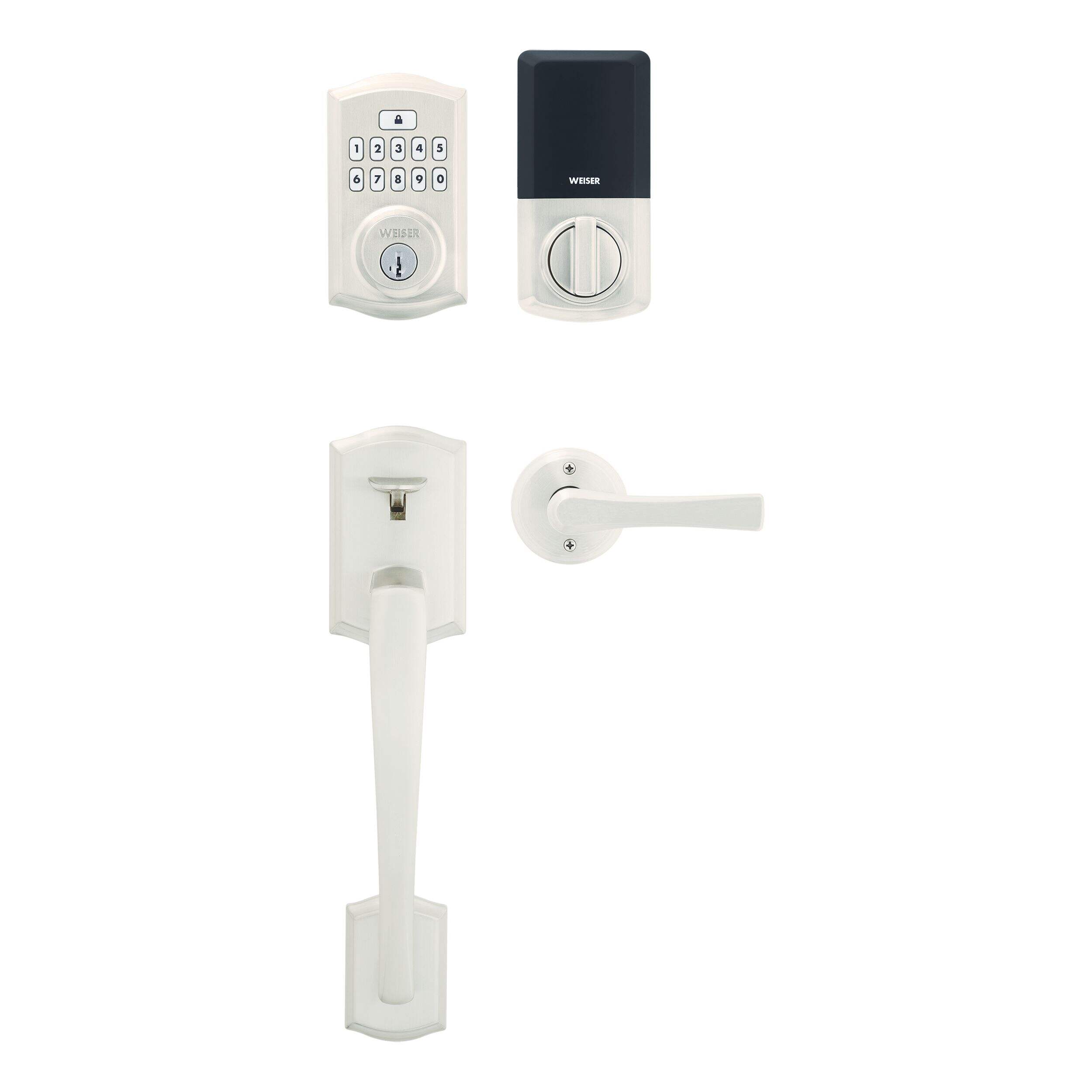 Weiser SmartCode and Prescott Handle Set, Keypad Door Lock with Katella Interior Door Lever, Satin Nickel Composite_or_Mixed
