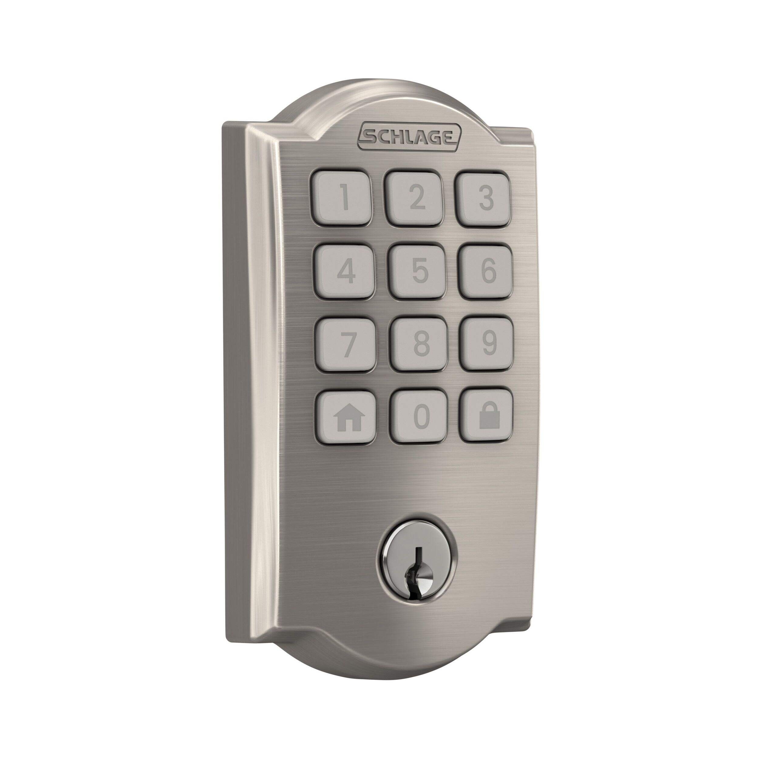Schlage Arrive Smart WiFi Deadbolt Camelot Trim, Satin Nickel Front_Three_Fourths_Angled_Right