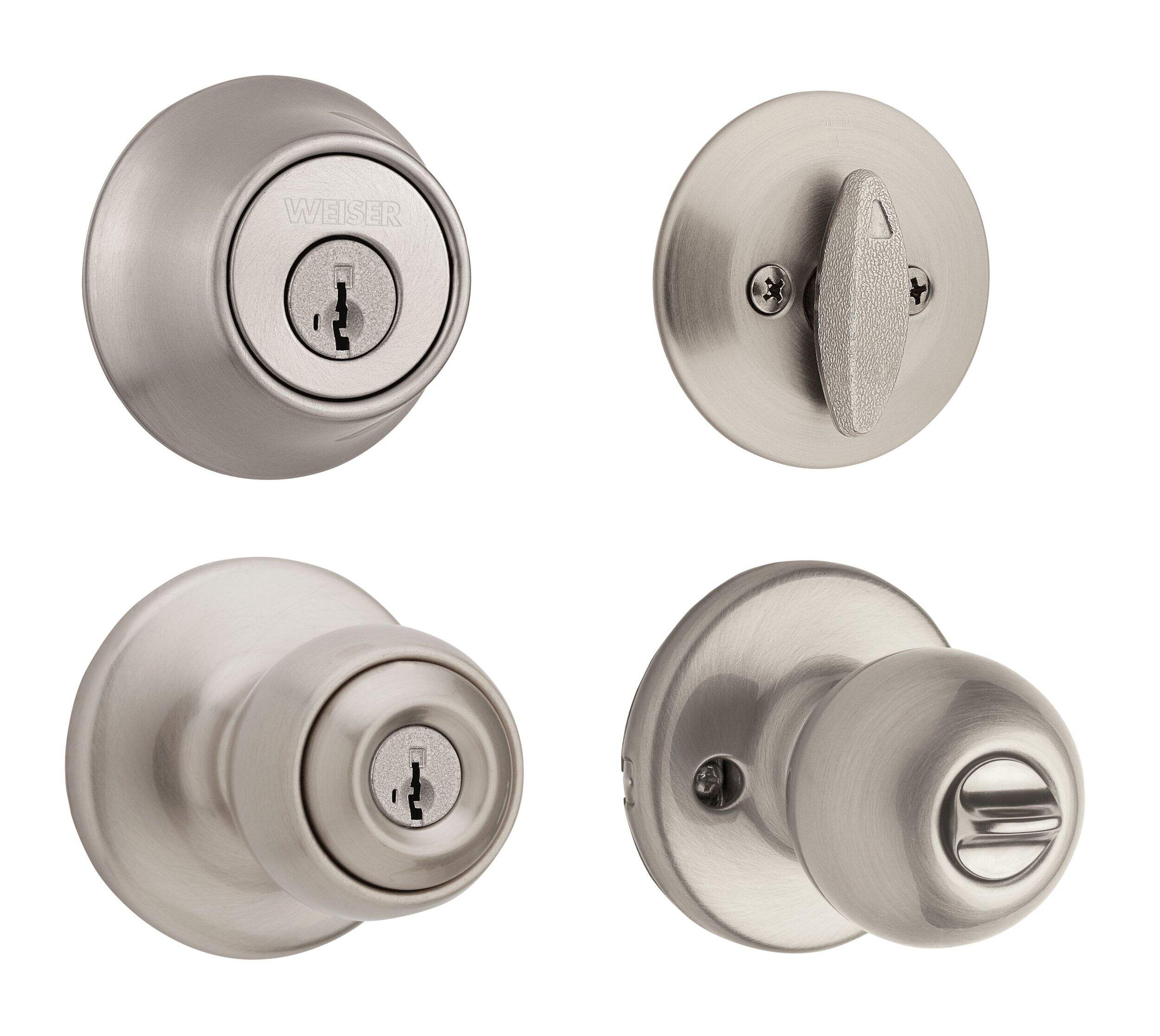 Weiser Yukon Door Knob with Deadbolt and SmartKey, Reversible Exterior/Interior Locking Entry Door Handle with Key and Deadbolt, Satin Nickel Front_Angled_Right