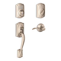 Schlage Camelot Electronic Keypad Handle Set with Accent Interior Lever, Satin Nickel Front_Three_Fourths_Angled_Right