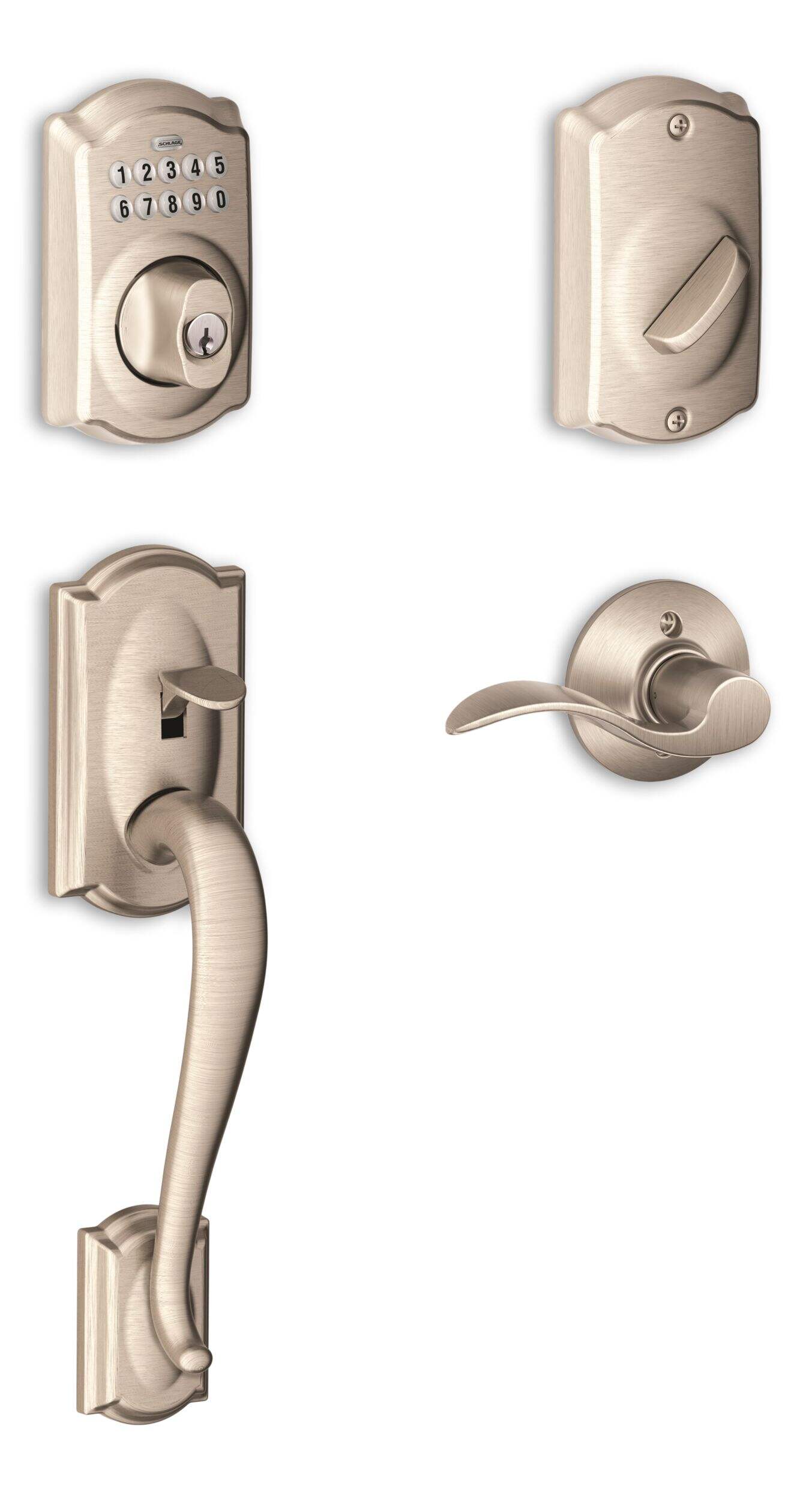 Schlage Camelot Electronic Keypad Handle Set with Accent Interior Lever, Satin Nickel Front_Three_Fourths_Angled_Right