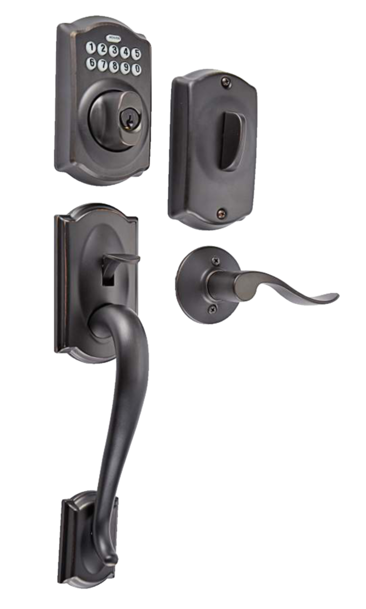 Schlage Camelot Electronic Keypad Handle Set with Accent Interior Lever, Aged Bronze Front_Angled_Right