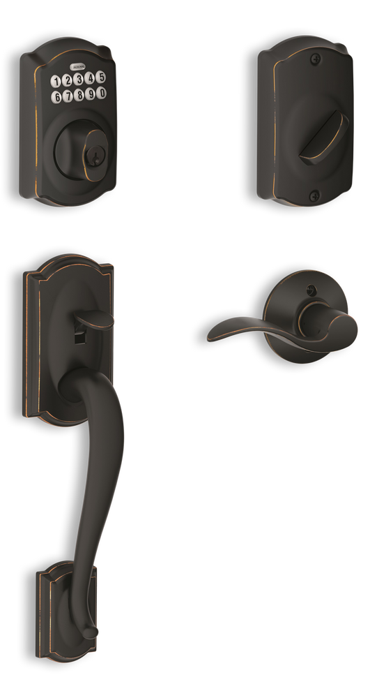 Schlage Camelot Electronic Keypad Handleset with Accent Interior Lever, Rated AAA Security, Aged