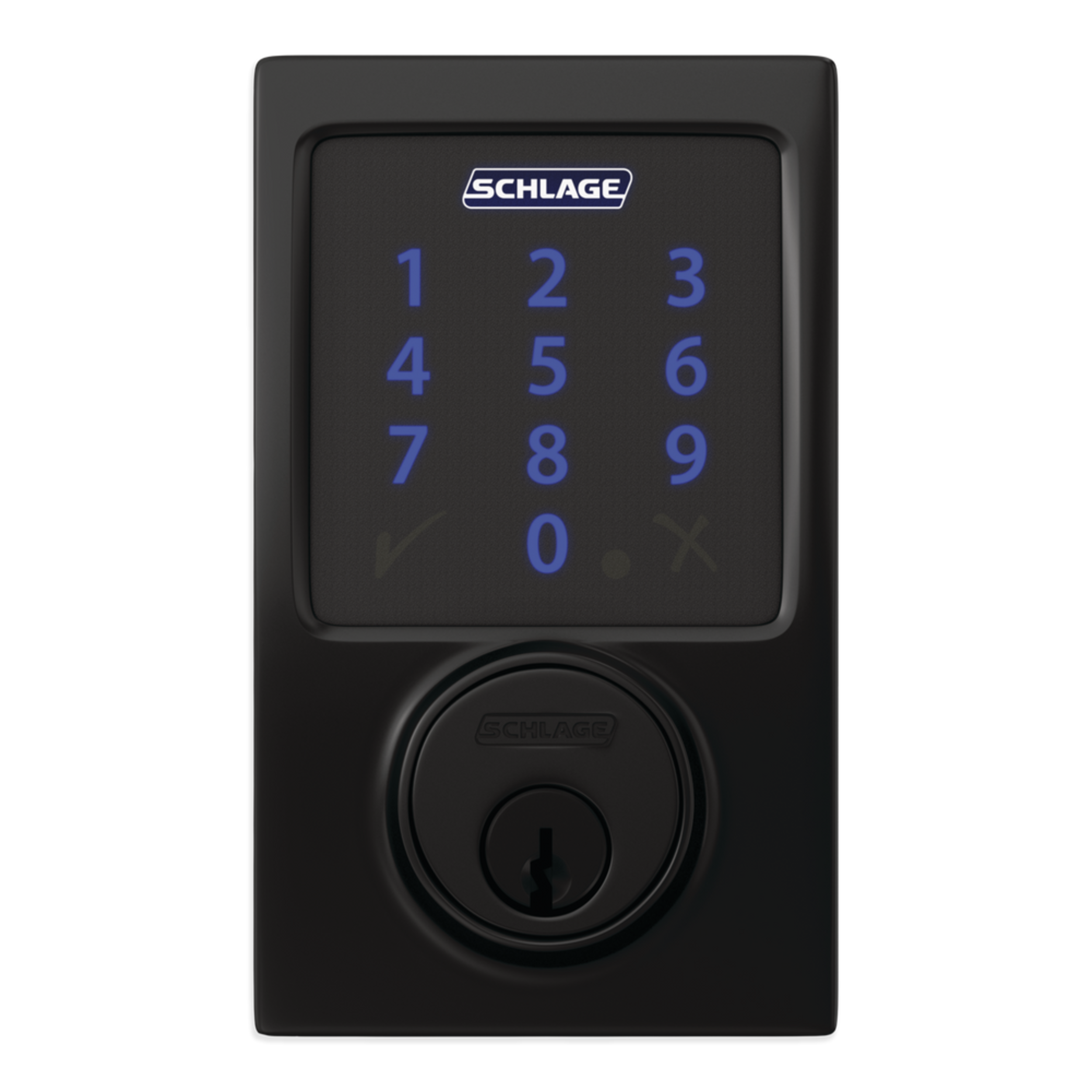 Serrure à pêne dormant électronique à écran tactile intelligent Schlage Connect Century, noir mat Front_Flat