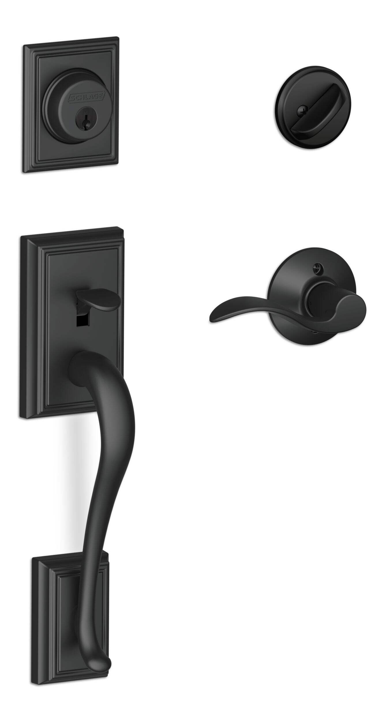 Schlage Addison Handleset with Accent Interior lever, Rated AAA Security, Matte Black Front_Three_Fourths_Angled_Right