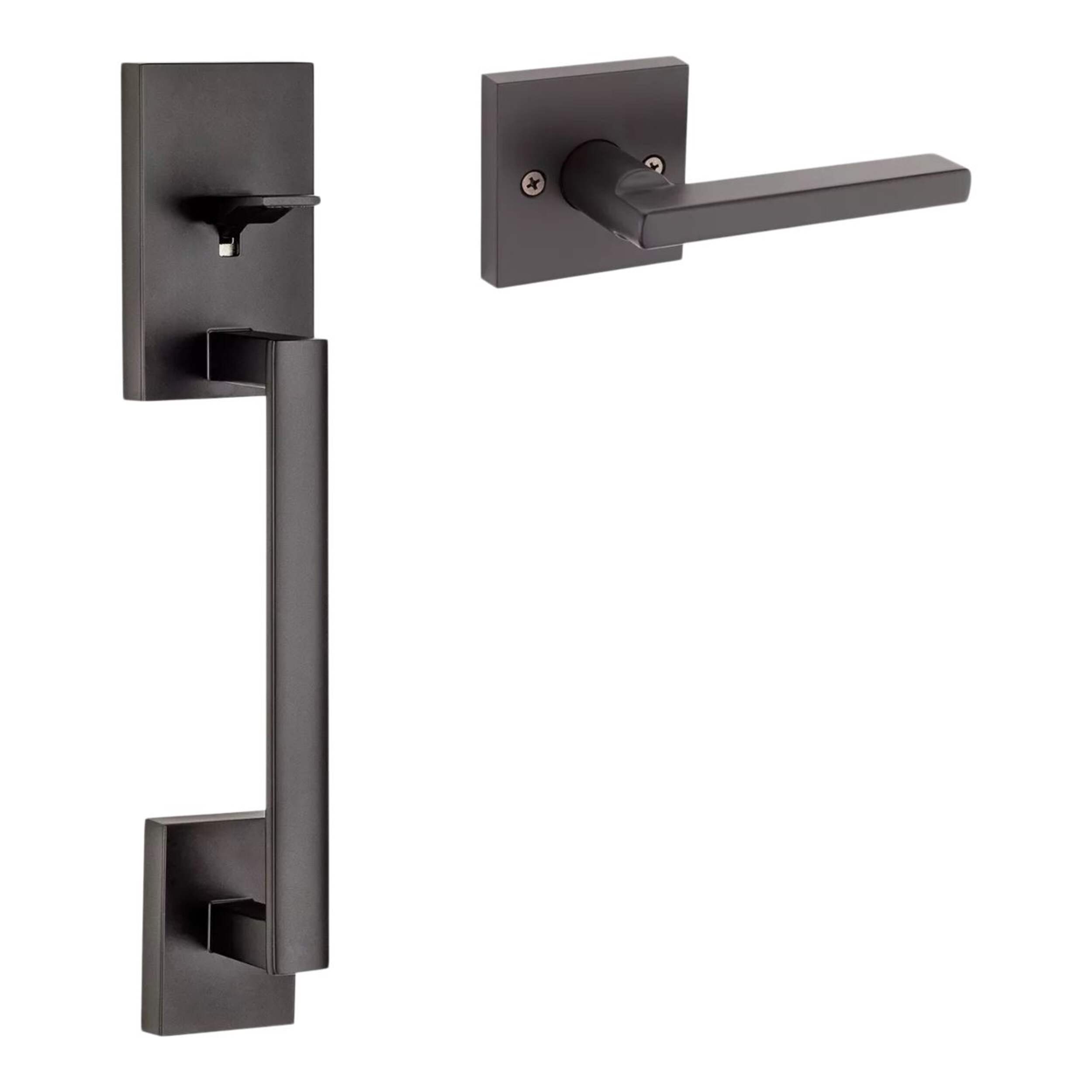 Weiser Front Door Handle Set, San Clemente Handleset with Reversible Halifax Interior Door Lever, Matte Black Front_Three_Fourths_Angled_Right