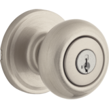 Weiser Troy Door Knob with Lock, Keyed Entry Door Knobs for Front Door, Bedroom, Bathroom & Office, Satin Nickel Front_Three_Fourths_Angled_Right