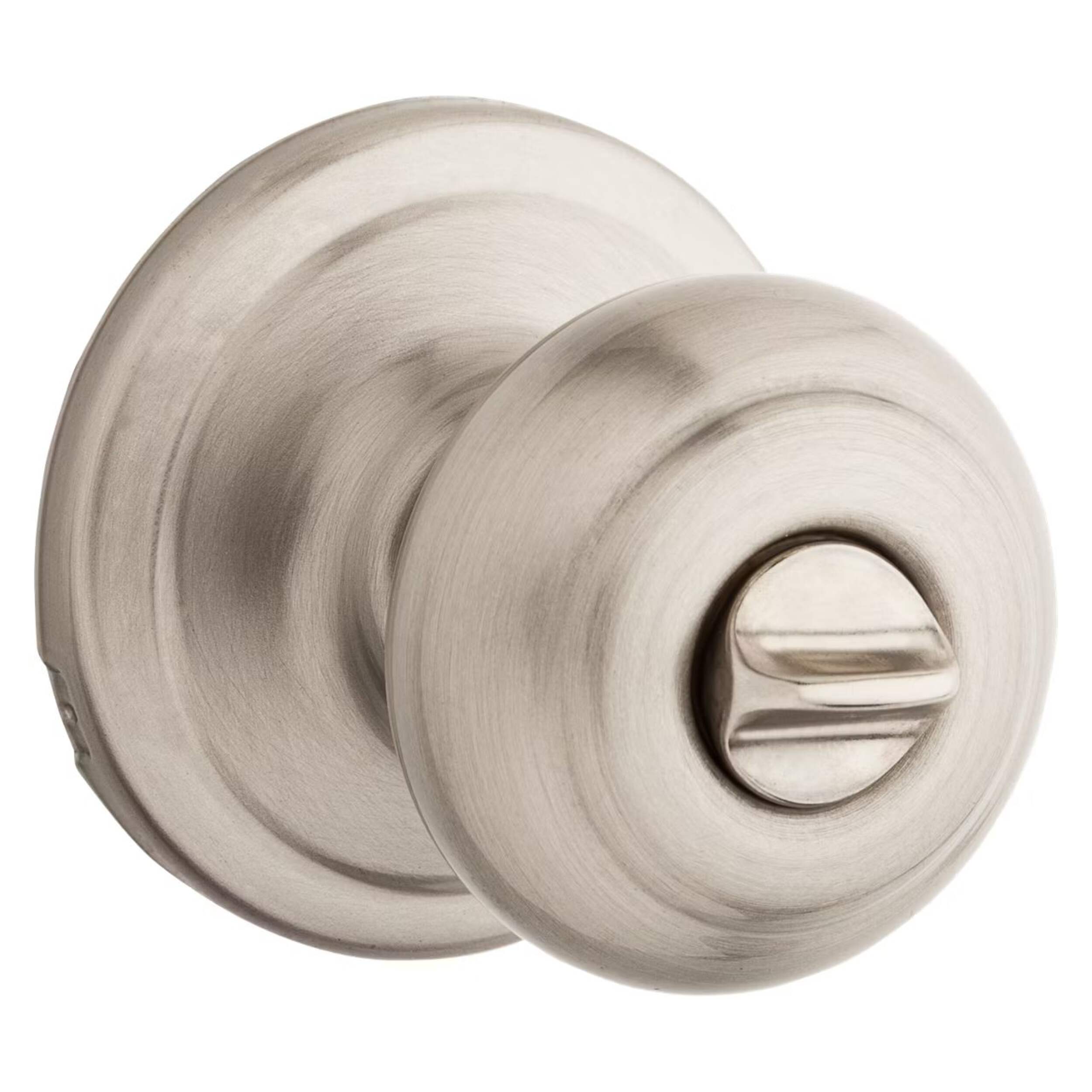 Weiser Troy Door Knob with Privacy Lock, Locking Door Knobs for Bedroom, Bathroom & Office, Satin Nickel Front_Three_Fourths_Angled_Right
