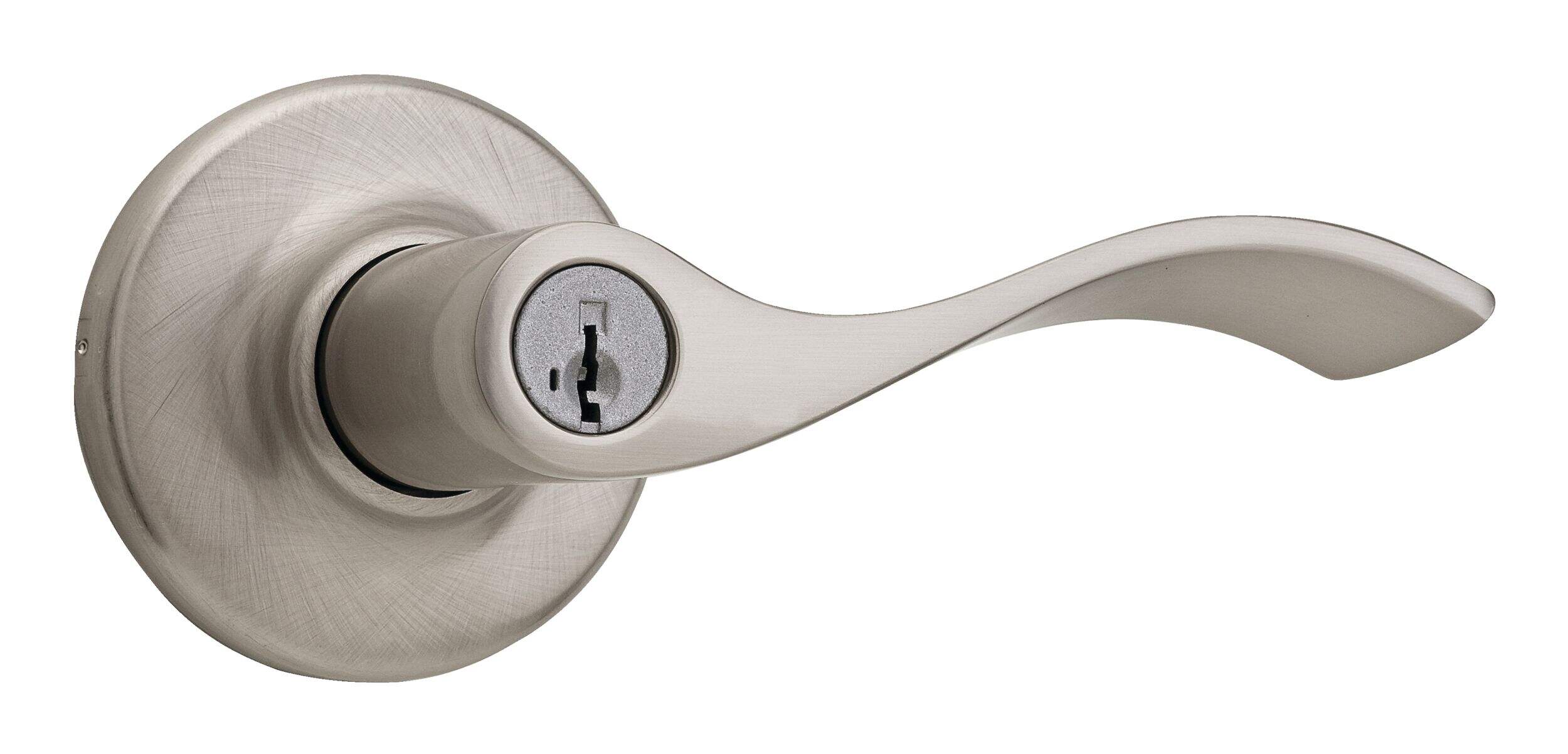 Poignée de porte Weiser Belmont avec serrure, levier d'entrée à clé réversible pour porte d'entrée, chambre à coucher, salle de bain et bureau, nickel satiné Front_Angled_Right