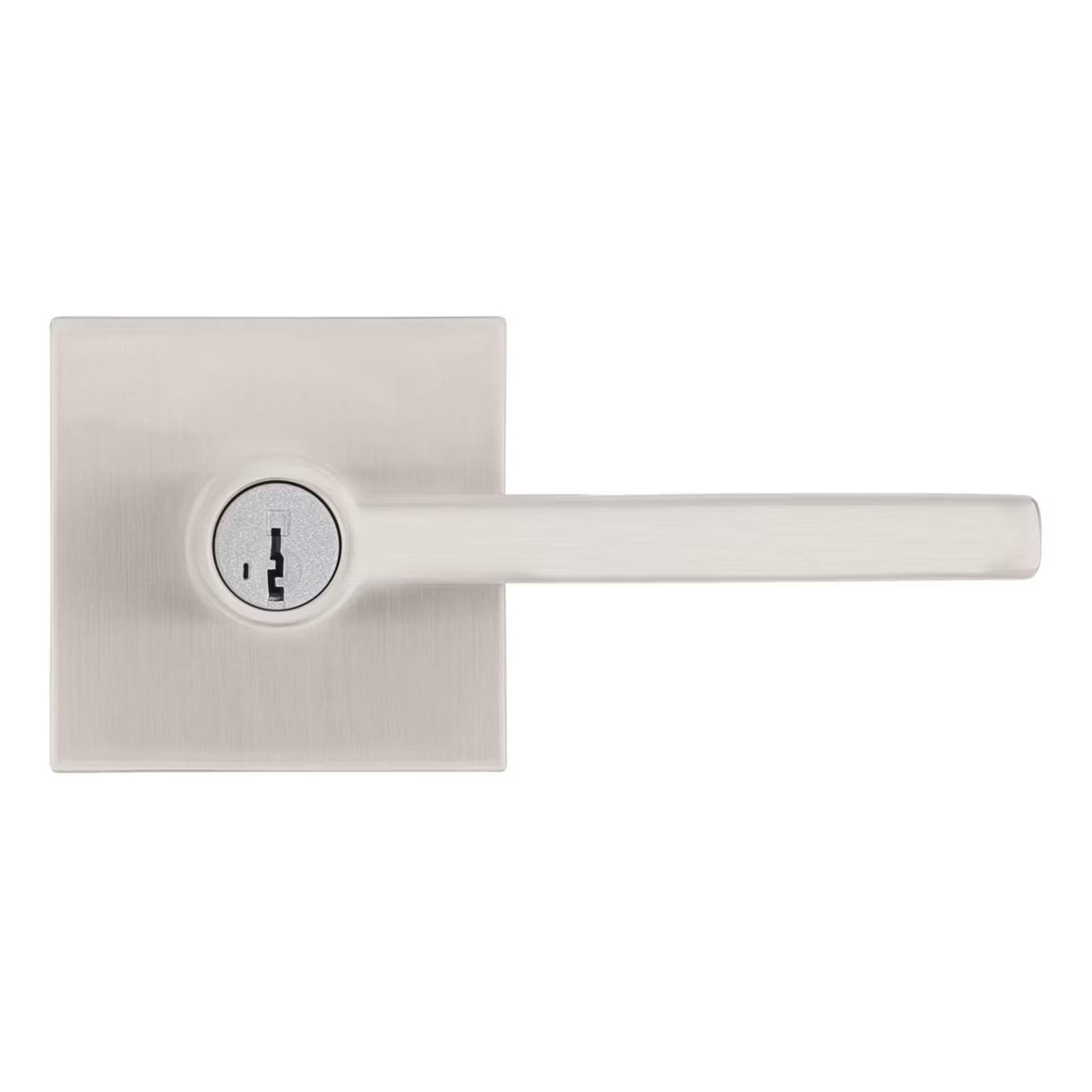 Poignée de porte Weiser Halifax avec serrure, levier d'entrée à clé pour porte avant, chambre à coucher, salle de bain et bureau, nickel satiné Front_Flat