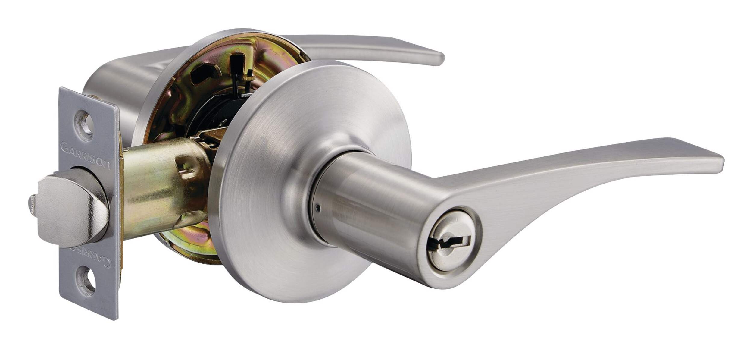 Garrison Victory Entry Keyed Door Lever Lock Set, Satin Nickel Front_Angled_Right