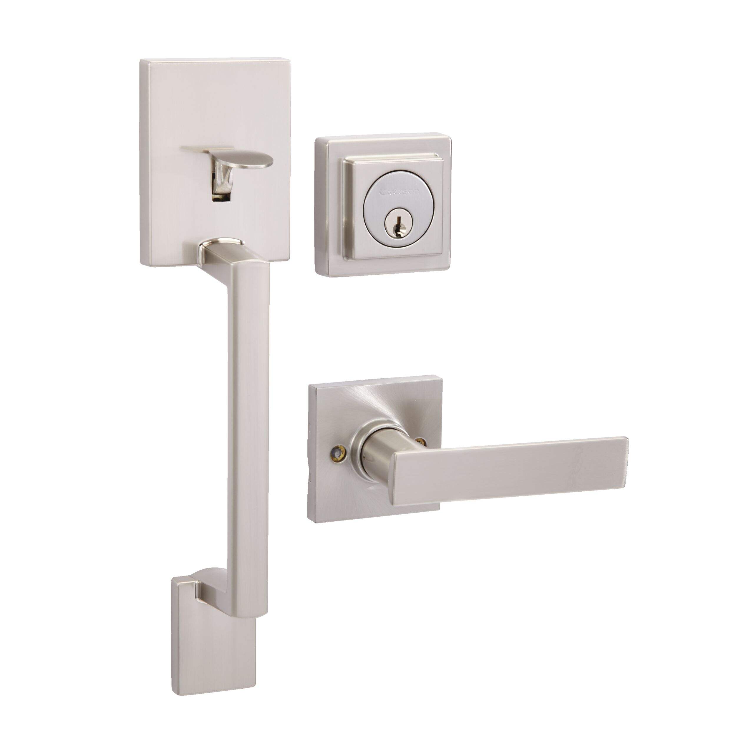 Garrison Modern Grip Handle Set & Deadbolt Door Lock Set with Straight Lever, Satin Nickel Front_Angled_Right