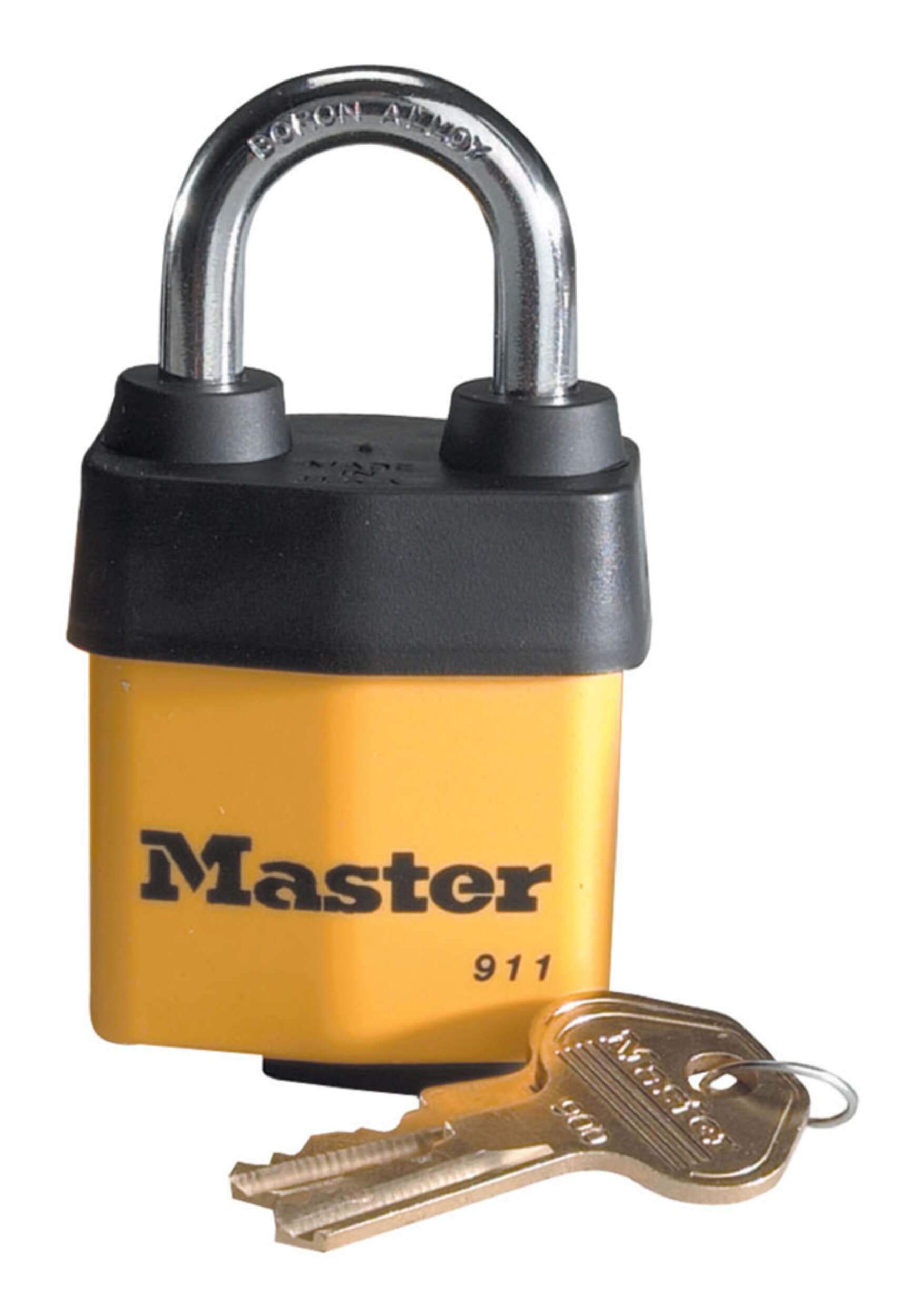 Master Lock 38 mm Wide Laminated Steel Keyed Padlock with 29 mm Shackles, Yellow/Black Composite_or_Mixed