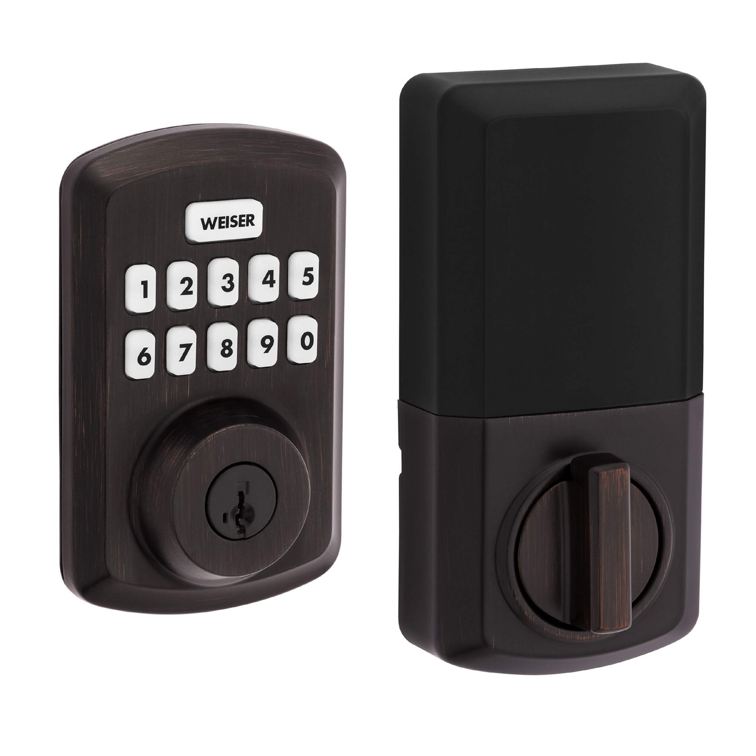 Weiser Powerbolt 3 Keyless Entry Deadbolt Lock, 10-Button Keypad Door Lock with Auto Lock and 12-Month Battery Life, Venetian Bronze Front_Three_Fourths_Angled_Right