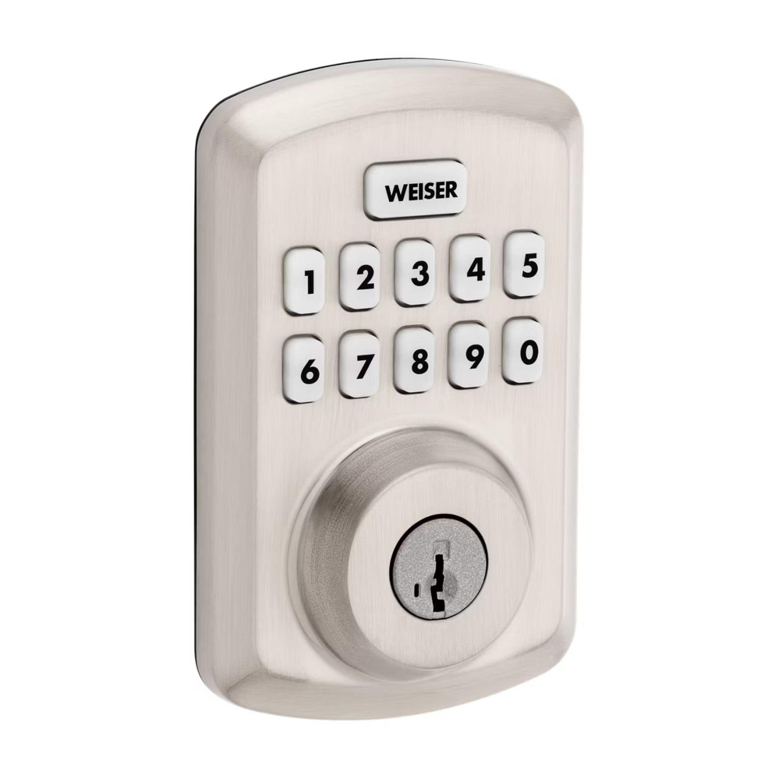 Weiser Powerbolt 3 Keyless Entry Deadbolt Lock, 10-Button Keypad Door Lock with Auto Lock and 12-Month Battery Life, Satin Nickel Front_Three_Fourths_Angled_Right