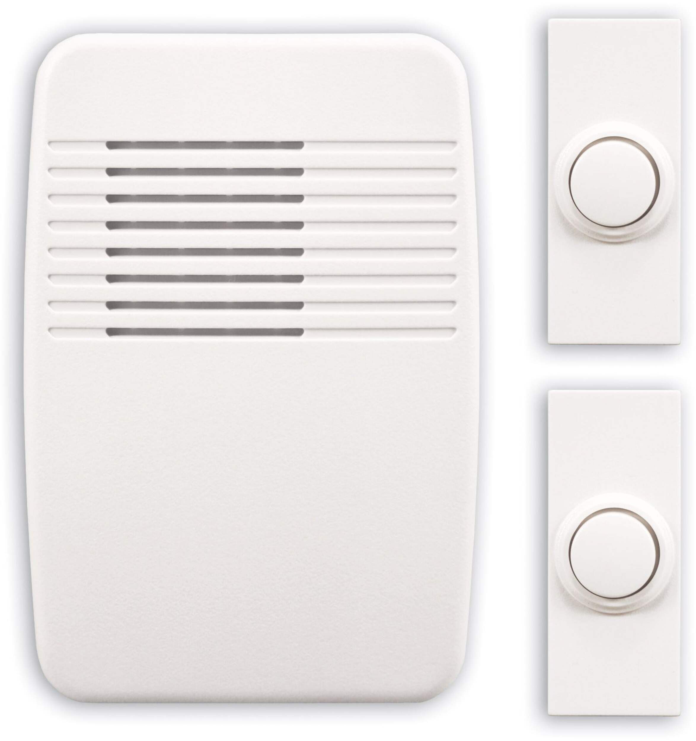 HeathZenith Wireless Plug-In 85-db 100-ft 3-Tune Doorbell Chime, 2 Push Buttons, White Front_Flat
