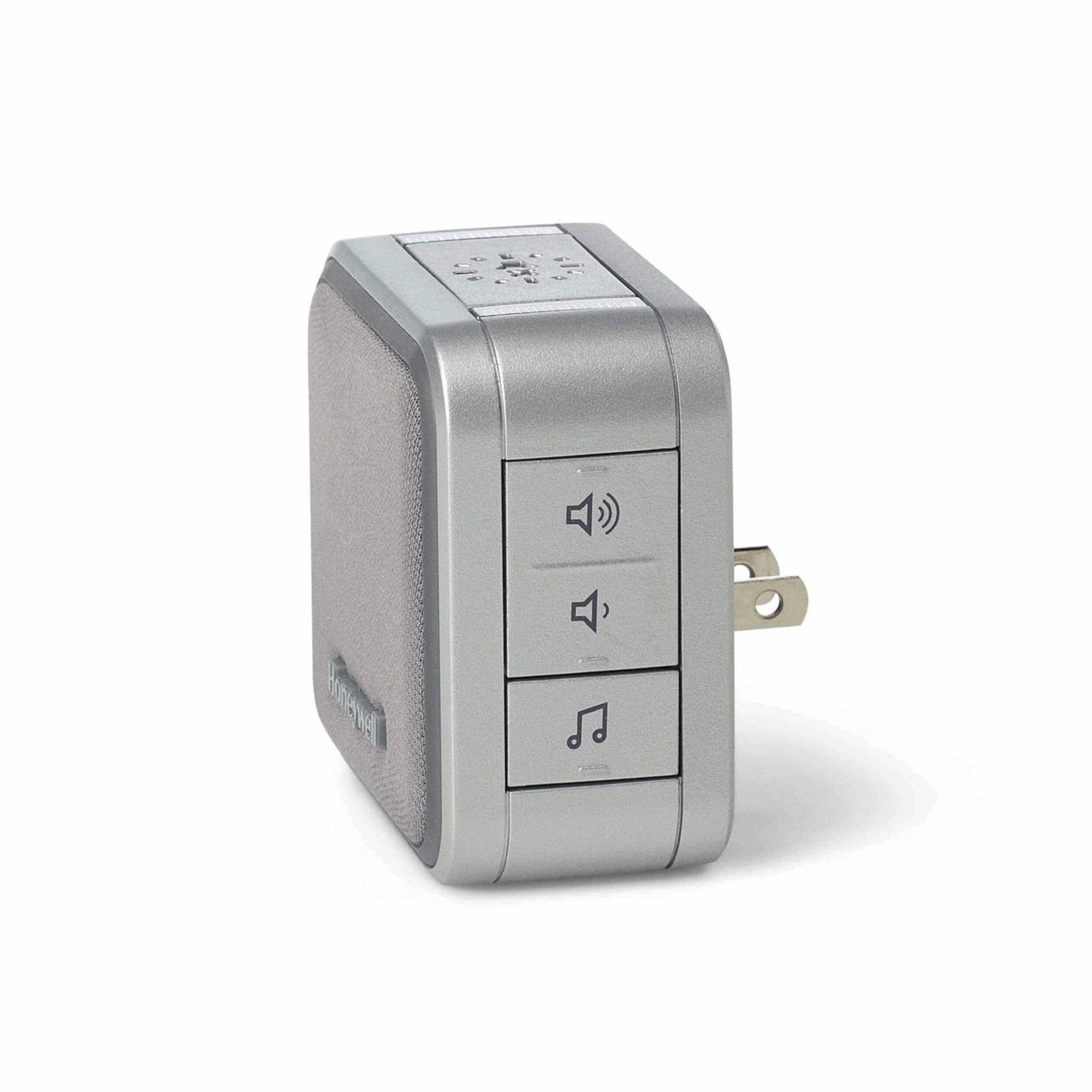 Honeywell 5-Series Wireless Plug-In 84-db LED 6-Tune Doorbell Chime, 1 Push Button, Grey Front_Angled_Left