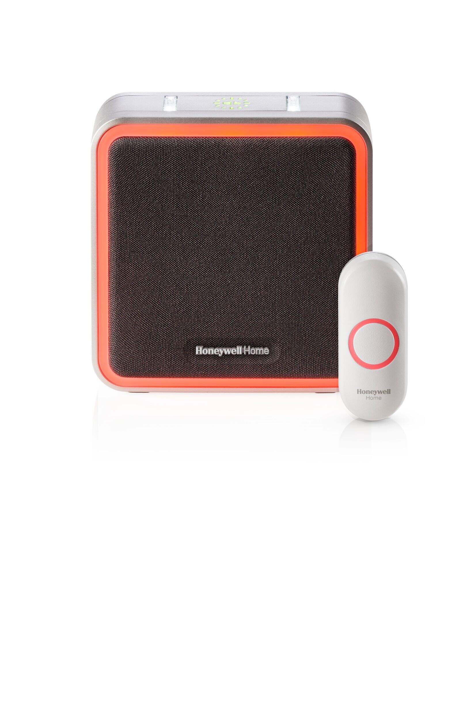Honeywell 9-Series Wireless Battery 90-db LED Portable 8-Tune MP3 Doorbell Chime, 1 Push Button, Grey Front_Elevated