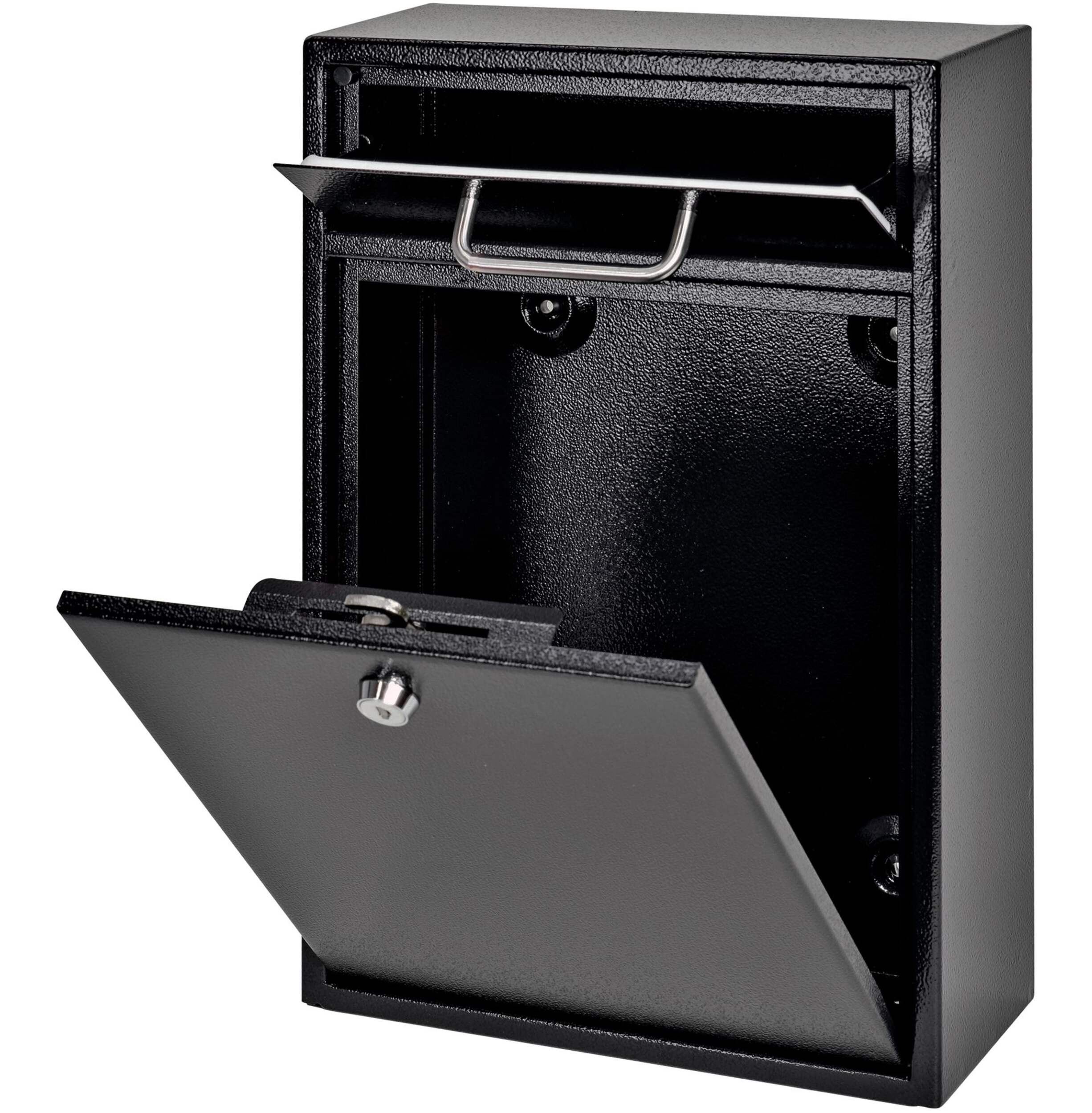 Mail Boss Wall-Mountable Locking Security Drop Box, 16.2″ H x 11.2″ W x 4.7″ D, Black Front_Angled_Left
