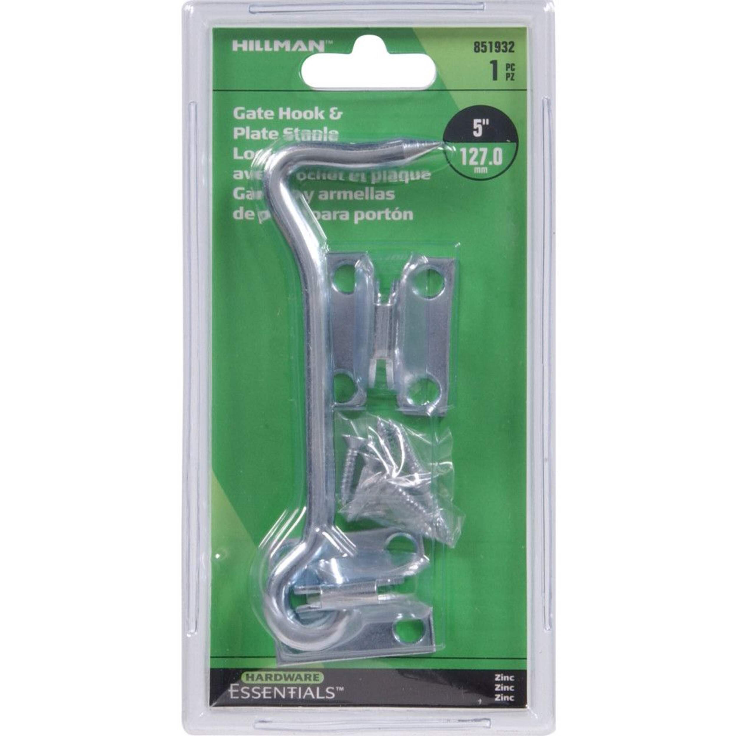 Hillman Heavy Gate Hook With Plate Staples, Indoor/Outdoor Use, Zinc-Plated, 5-in Front_Flat