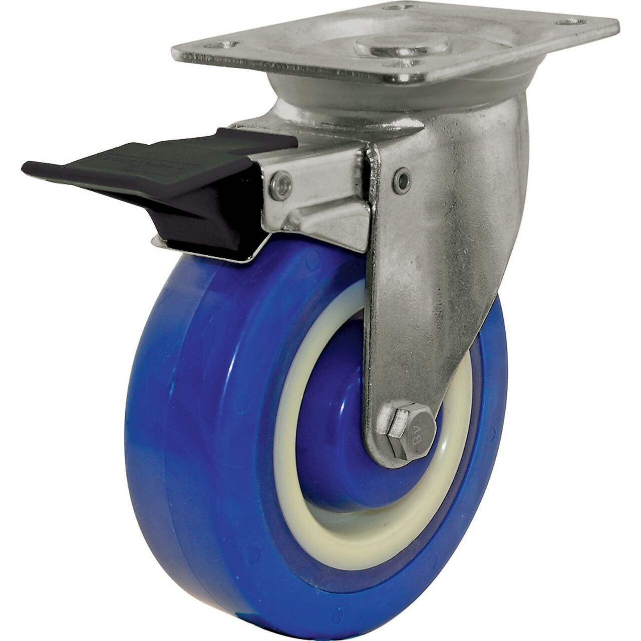 Roulette pivotante silencieuse industrielle Shepherd Hardware en caoutchouc  avec frein, capacité de 450 lb, bleu, 5 po