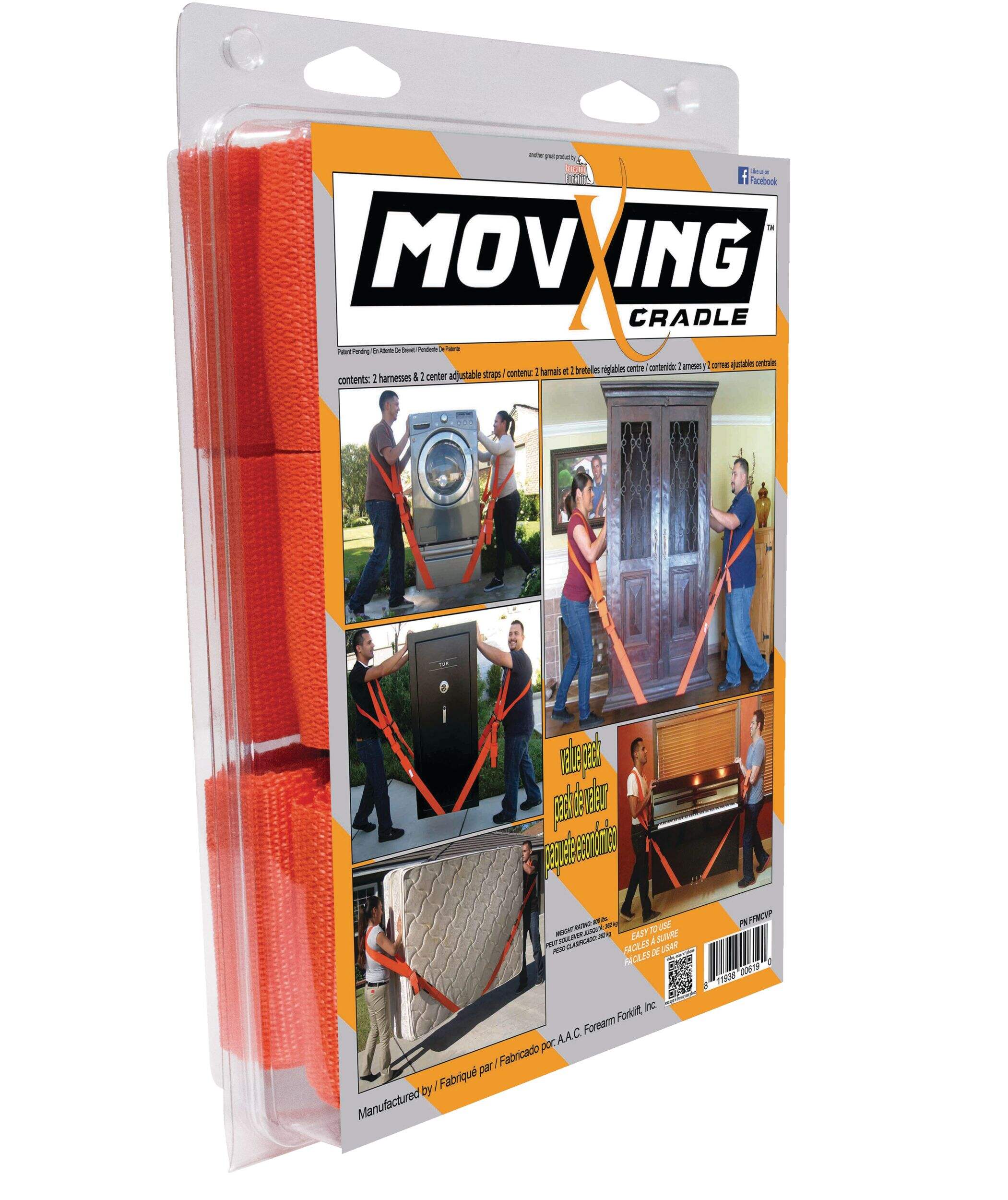 Forearm Forklift Moving Straps, Adjustable, 800-lb Capacity, Orange, 2-pc Front_Angled_Right