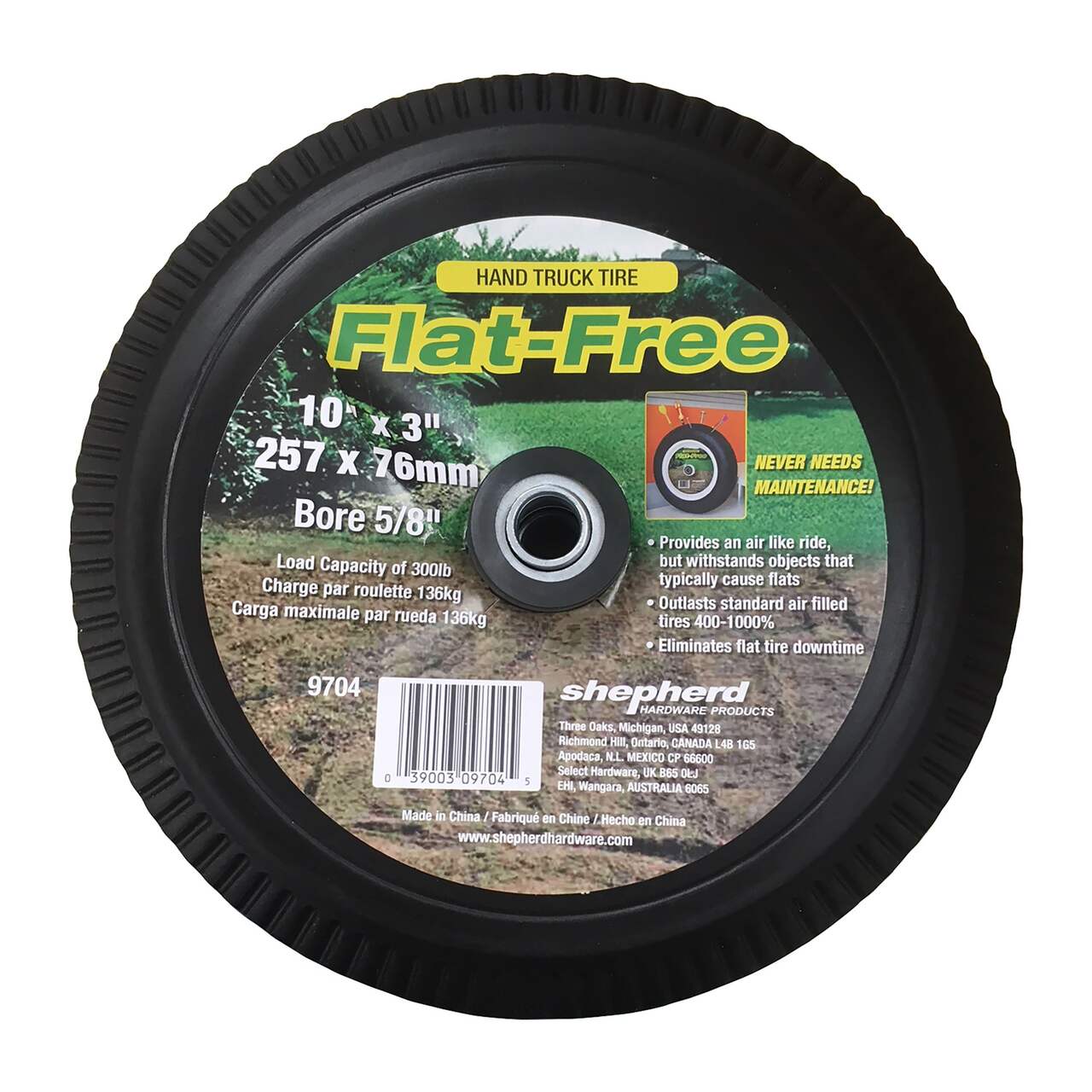 Roue en caoutchouc à pneu increvable Shepherd Hardware avec roulement à  billes de précision, capacité de 300 lb, noir, 10 po