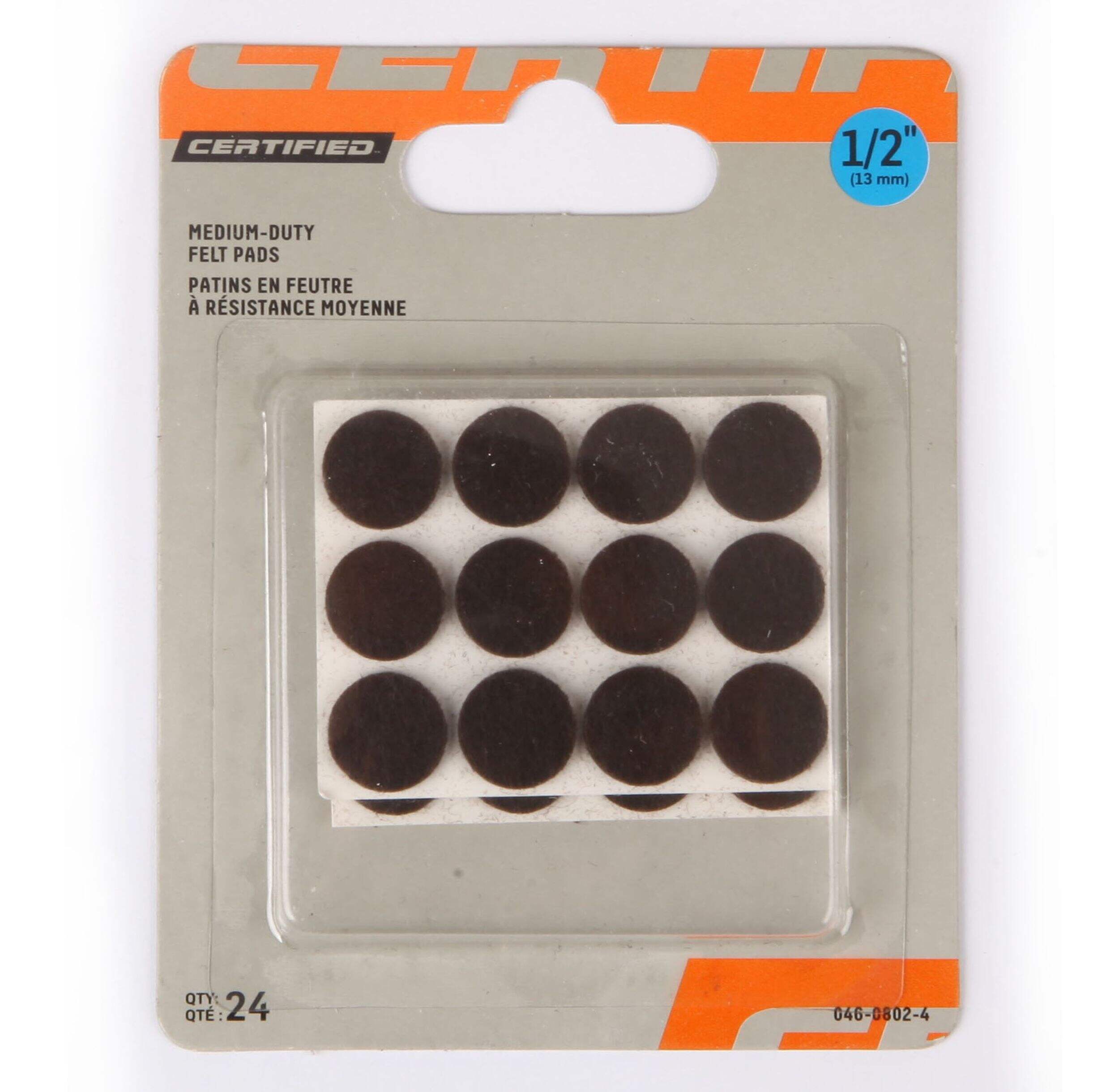 Certified Self-Adhesive Medium Duty Felt Pads, WAll and Surface Protection, 1/2-in, Brown, 24-pc Front_Flat