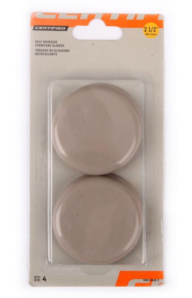 Certified SelfAdhesive Furniture Glides, Ceramic Tile/Carpet, 21/2in
