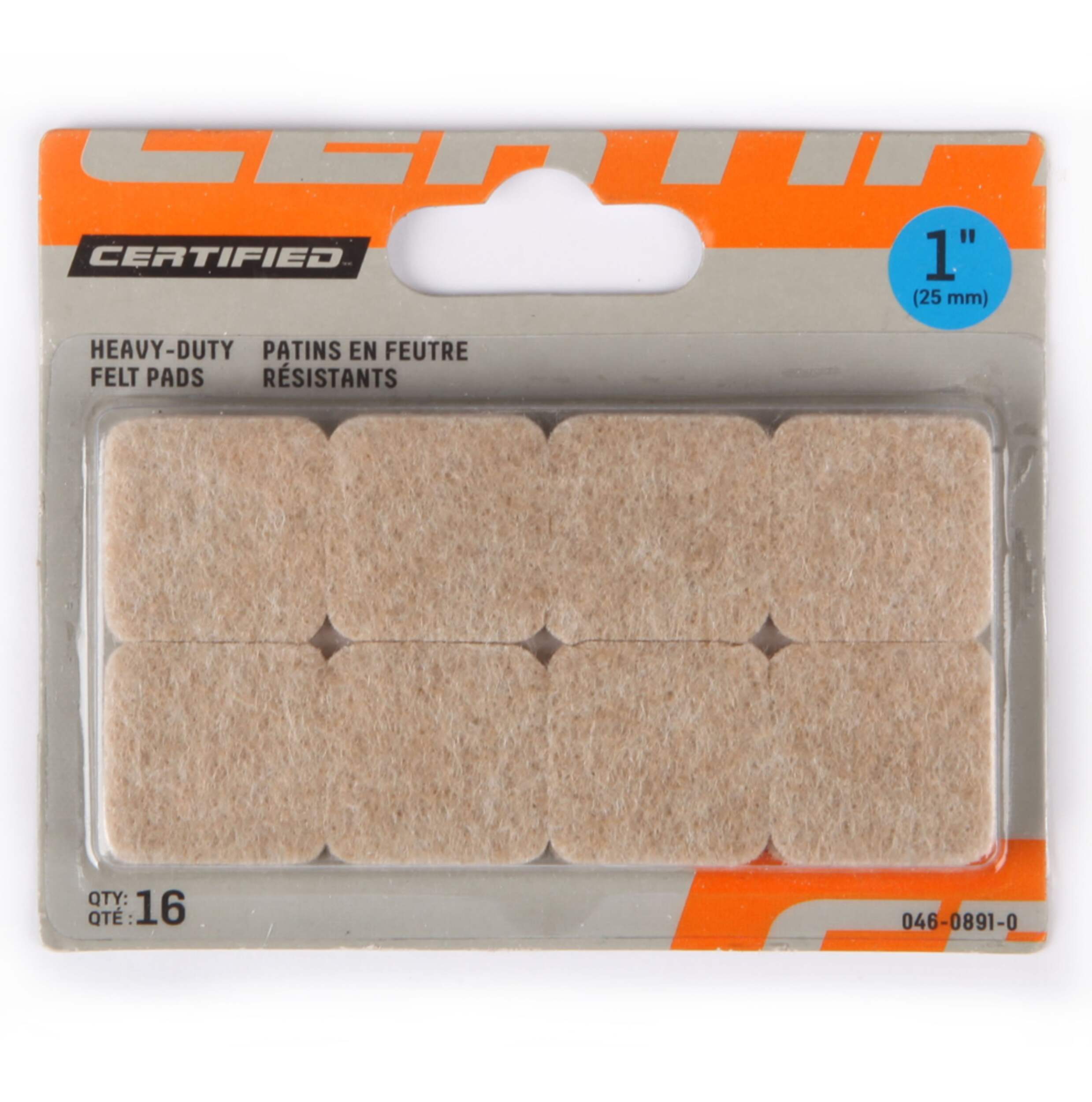 Patins carrés en feutre résistants Likewise, protection de surface, autoadhésif, 1 po, beige, paq. 16 Front_Flat