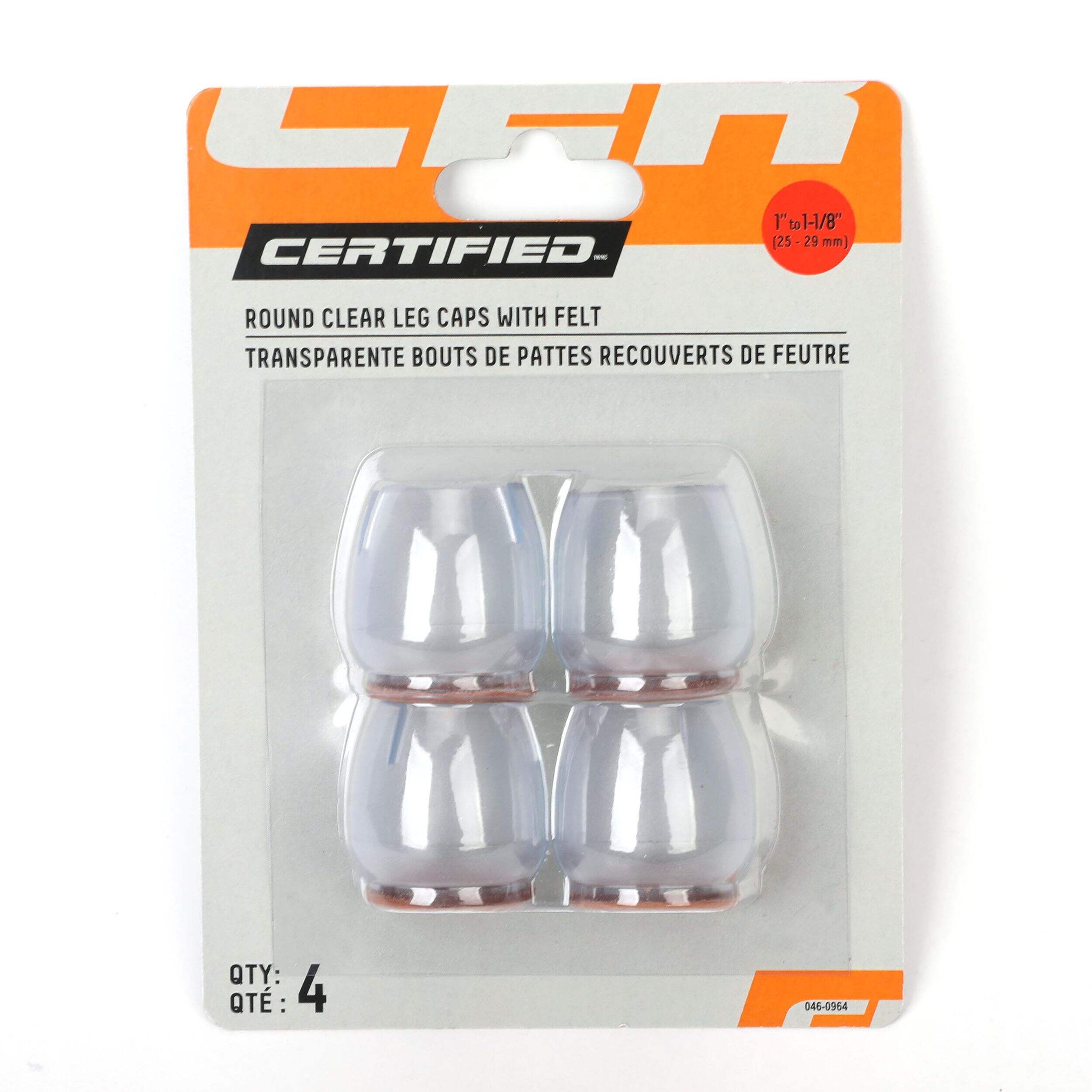 Certified Round 25-29MM Clear Leg Caps with Felt, 4-pl Front_Flat