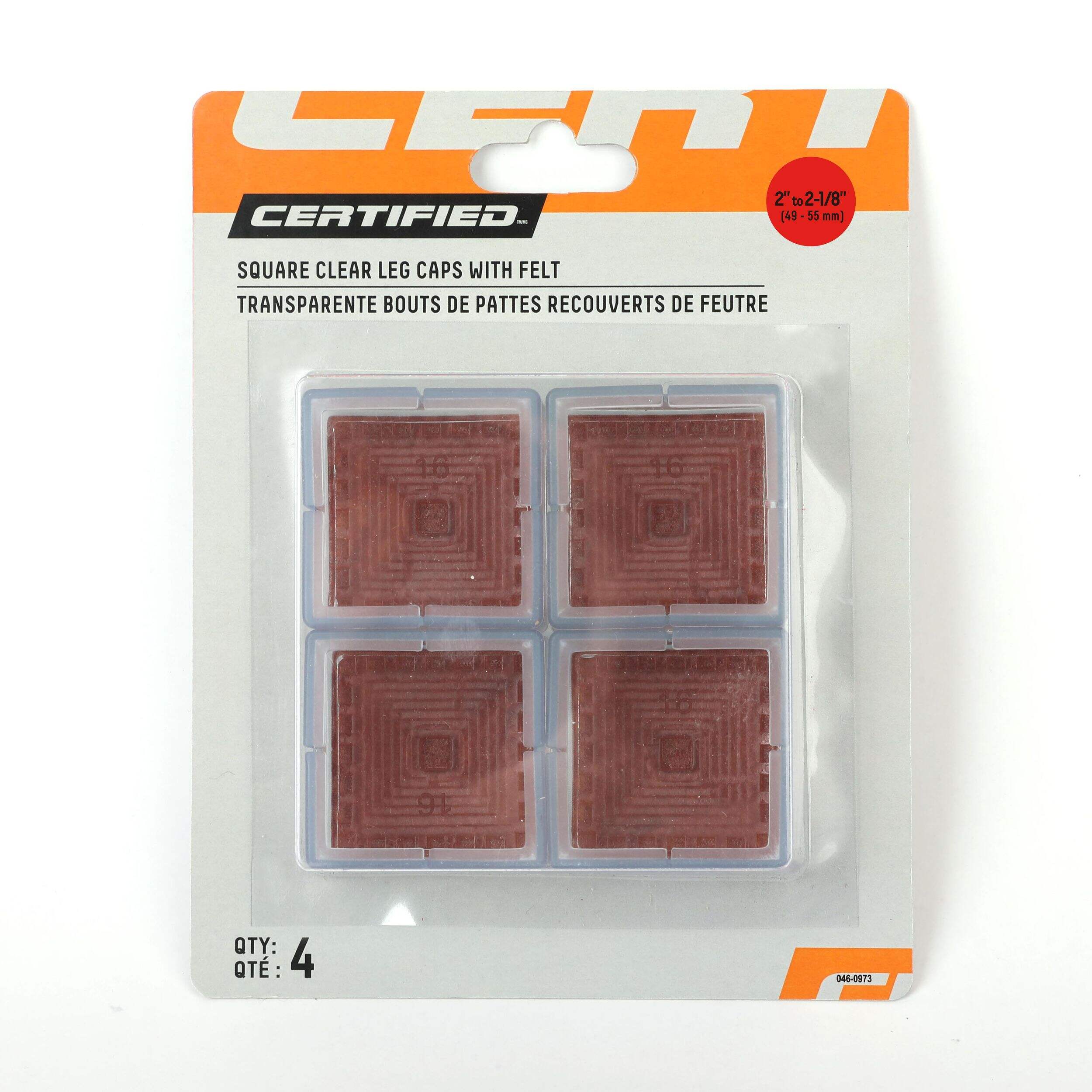 Certified Square 49-55MM Clear Leg Caps with Felt, 4-pk Front_Flat