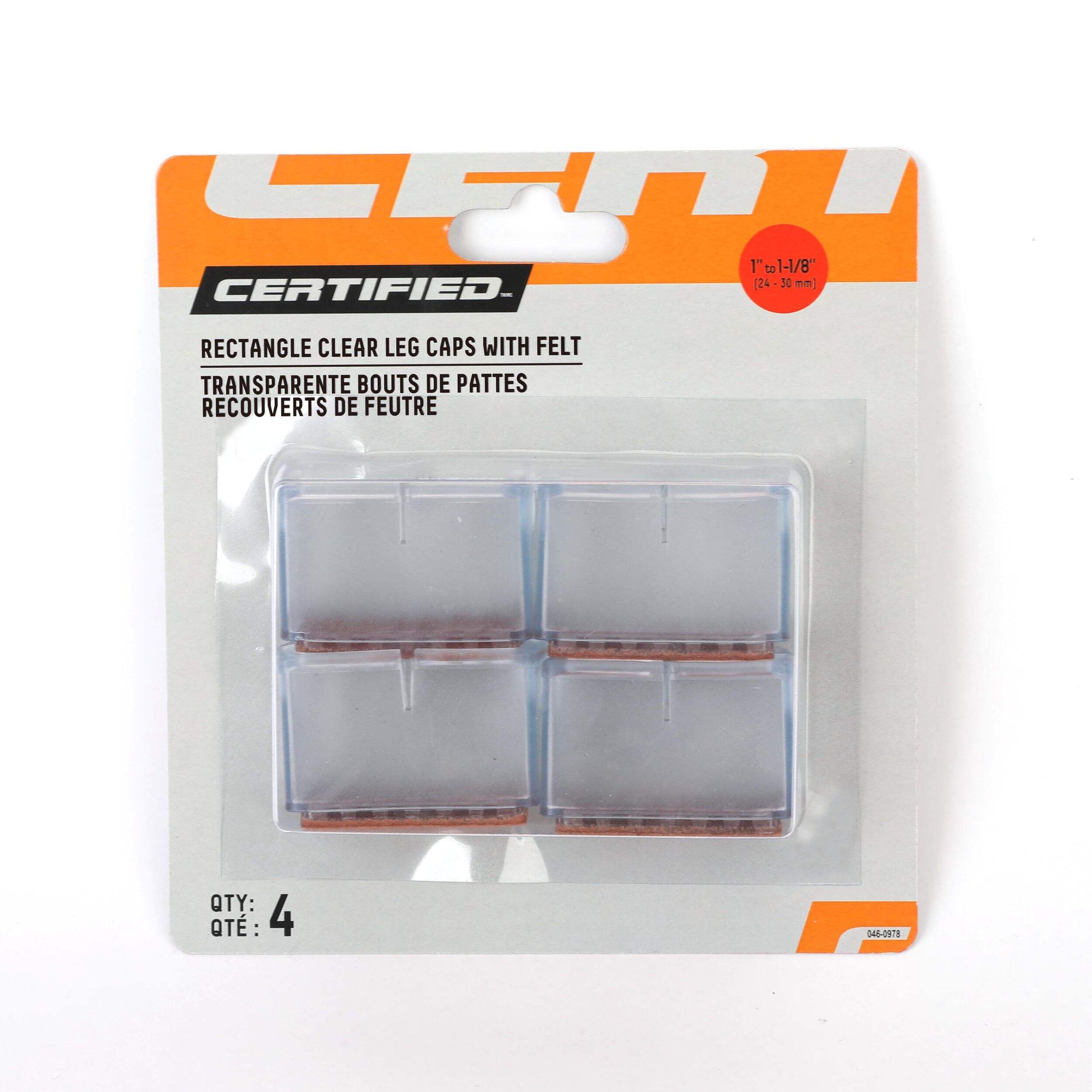 Certified Rectangle 24-30MM Clear Leg Caps with Felt, 4-pk Front_Flat