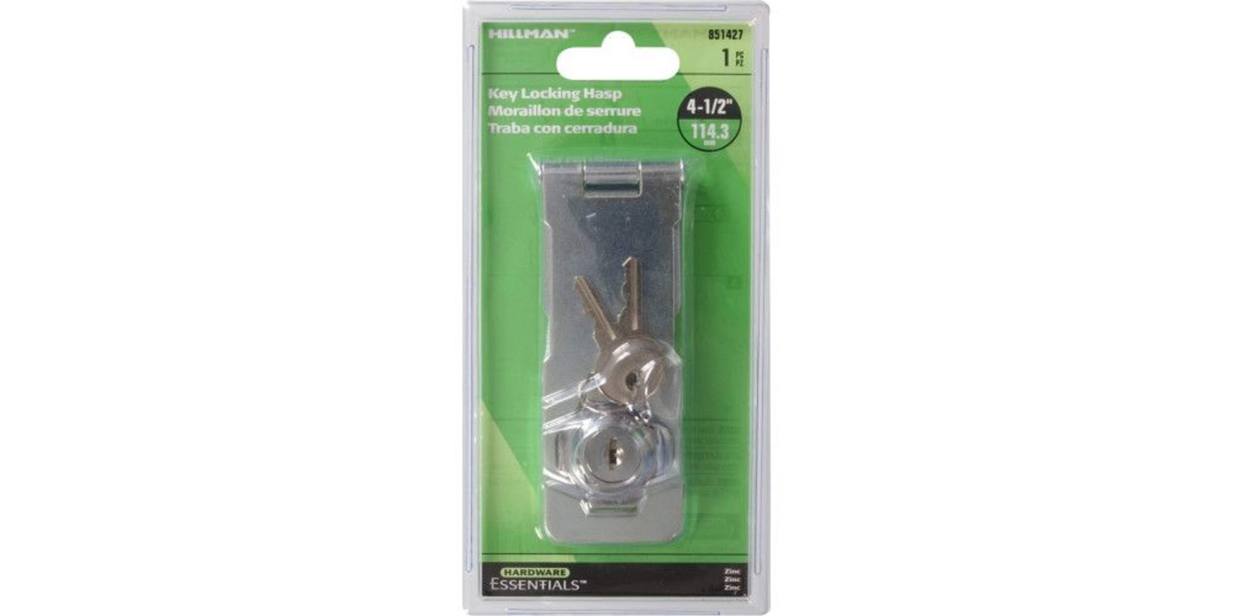 Hillman Gate Keyed Safety Hasp, For Securing and Locking, Zinc-Plated, 4-/2-in Front_Flat