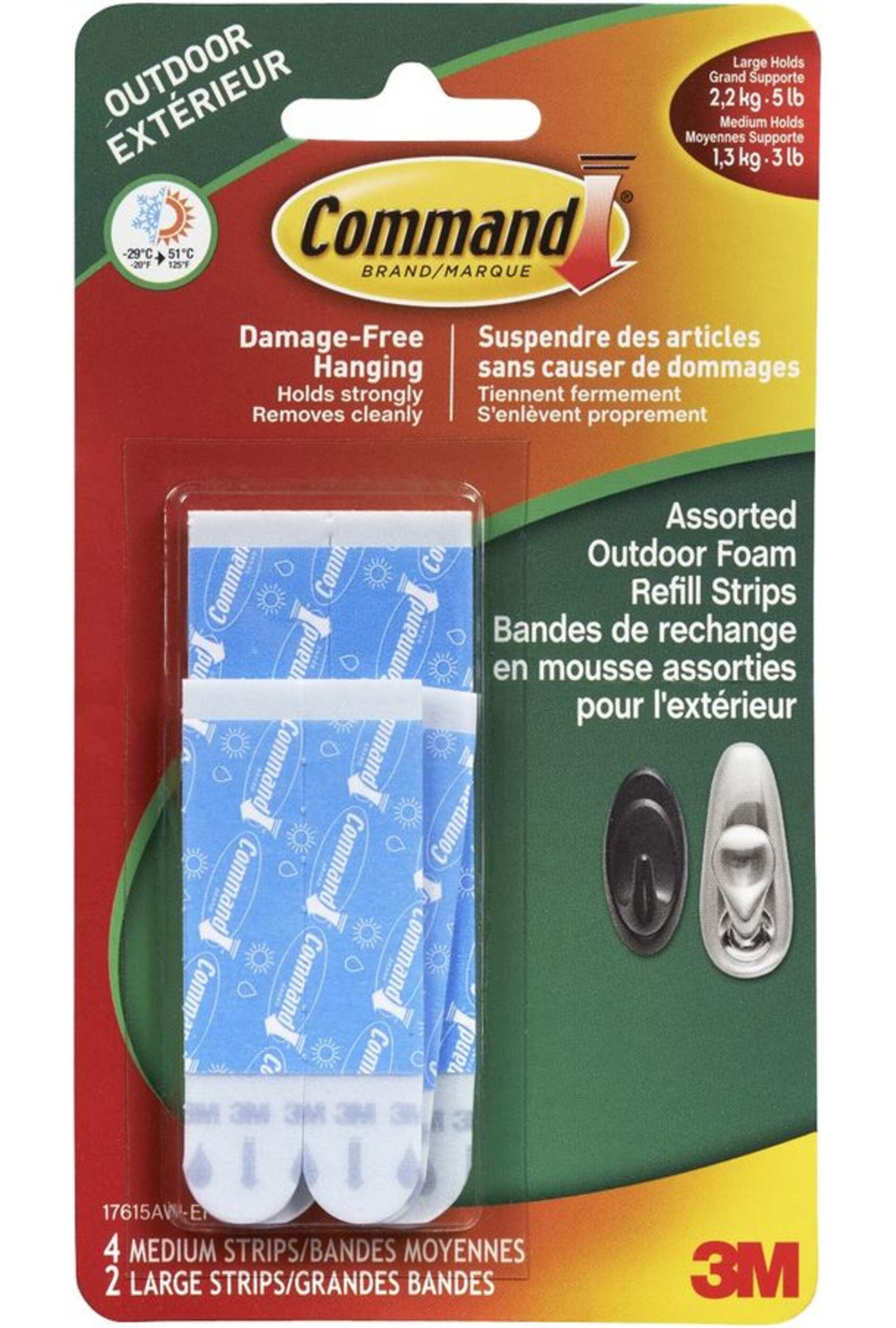 Command Outdoor Medium/Large Foam Adhesive Strips Refills, Reusable Front_Flat